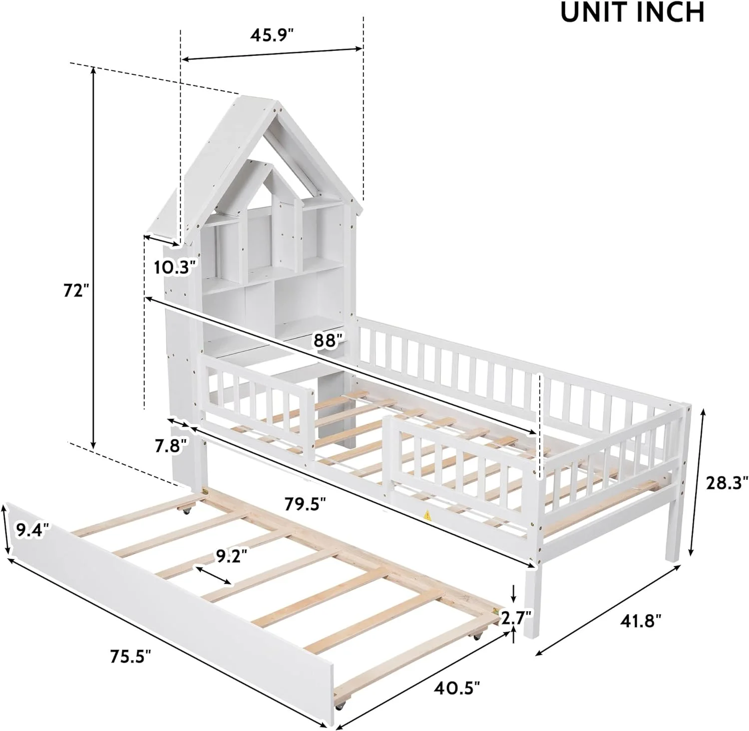 Size House Bed With Bookcase Headboard, Wooden Kids Bed Frame With Fence Guardrails And Trundle, Trundle Bed With Bookcase Shelves For Girls Boys,White