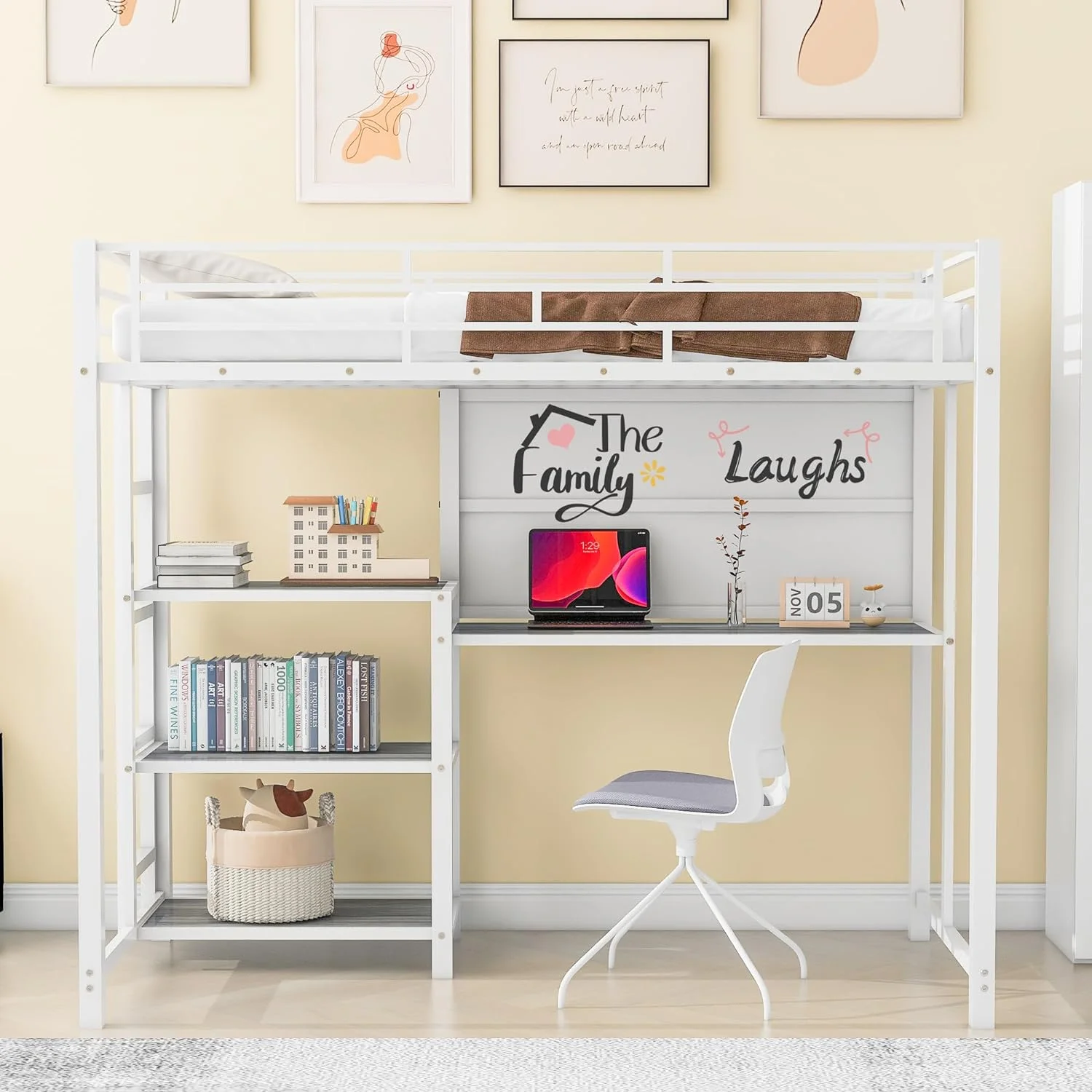 Loft Bed With Desk And 3 Shelves, Metal Size Loft Bed With Writing Board, Sapce Saving Loft Bed For Kids, Boys,Girls,Teens,White