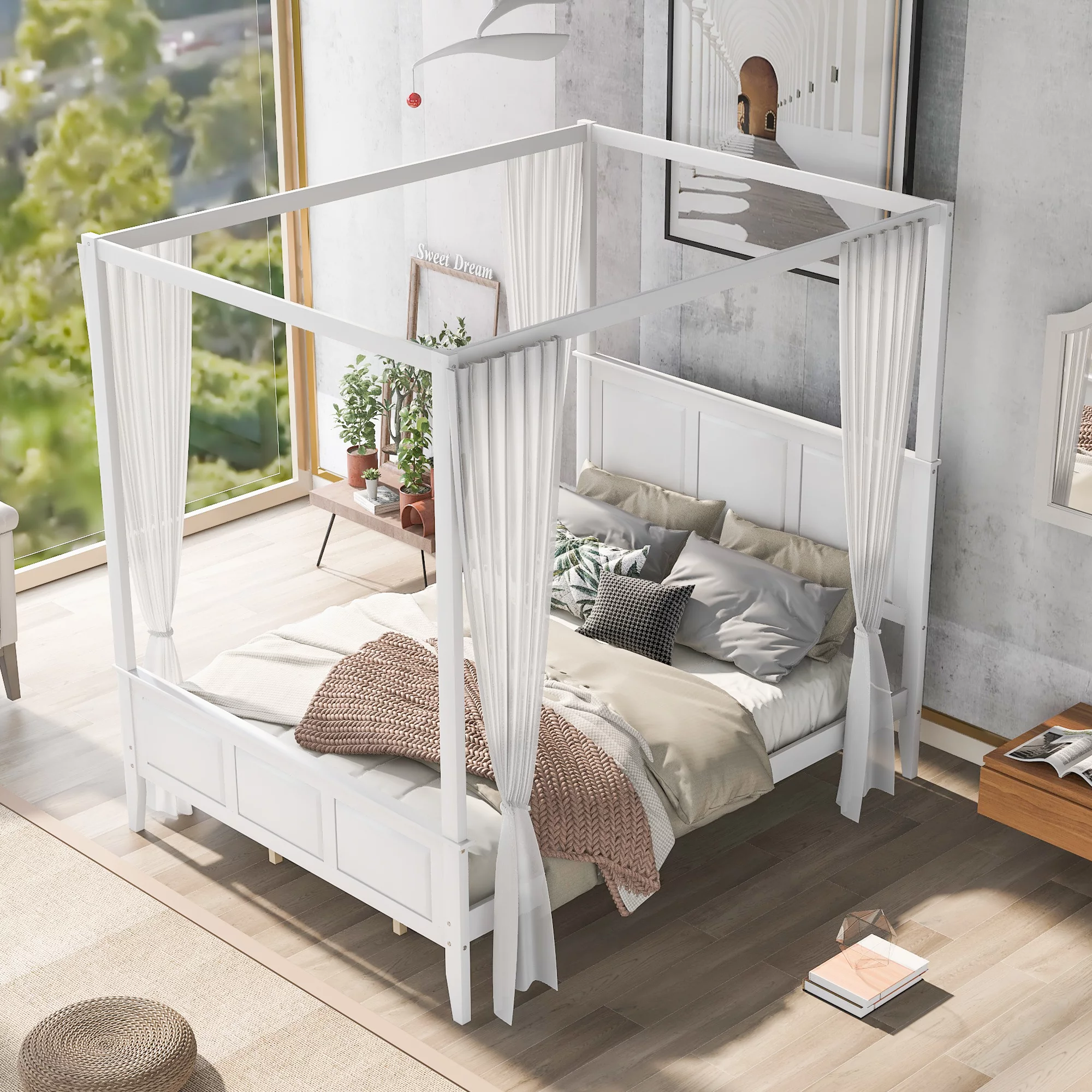 Queen Size Canopy Bed with Support Leg, Headboard and Footboard, Platform Bed Frame with 10 Wood Slats Support, No Box Spring Needed, Easy Assembly