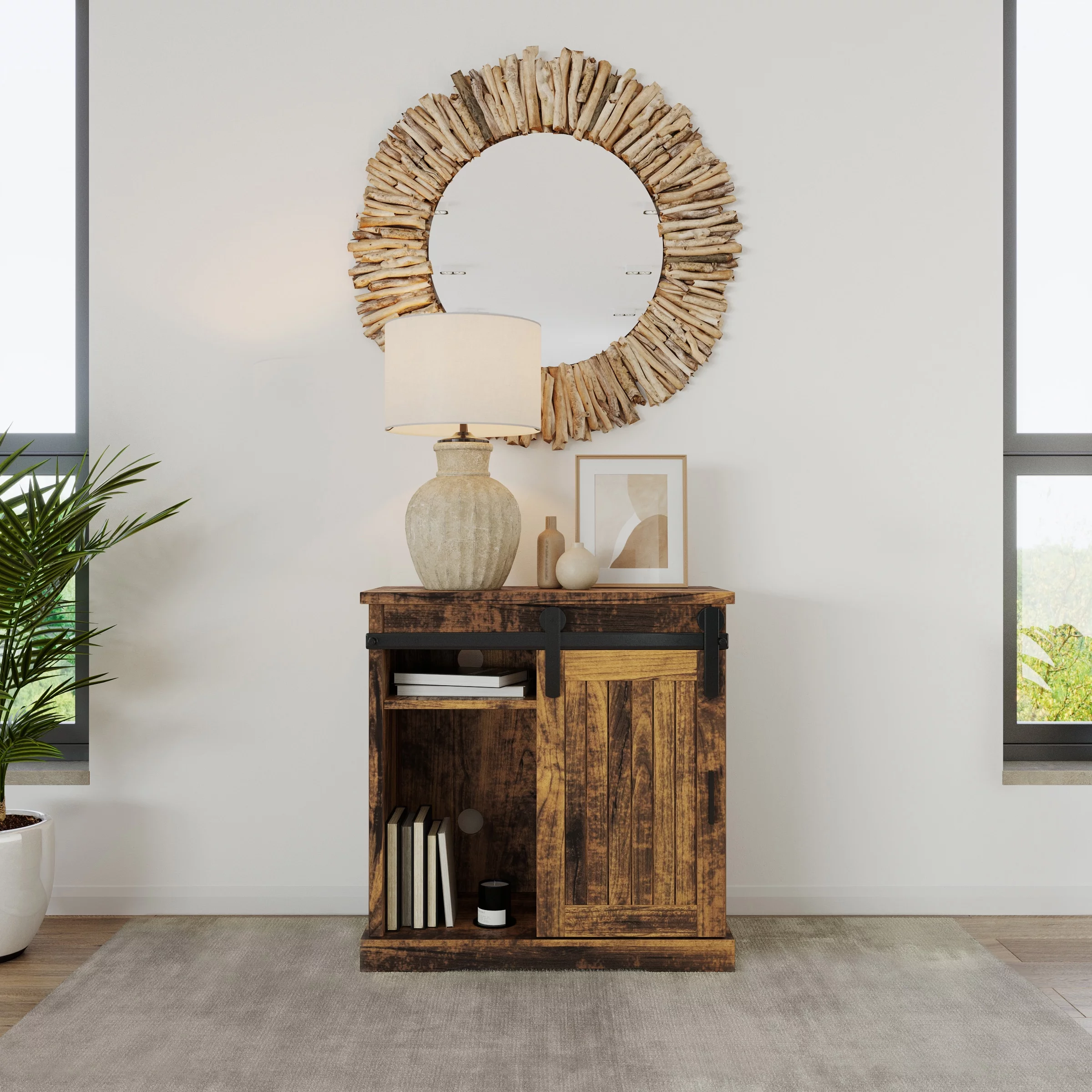 Lavish Home Farmhouse Sliding Door Cabinet Console, Brown Barnwood