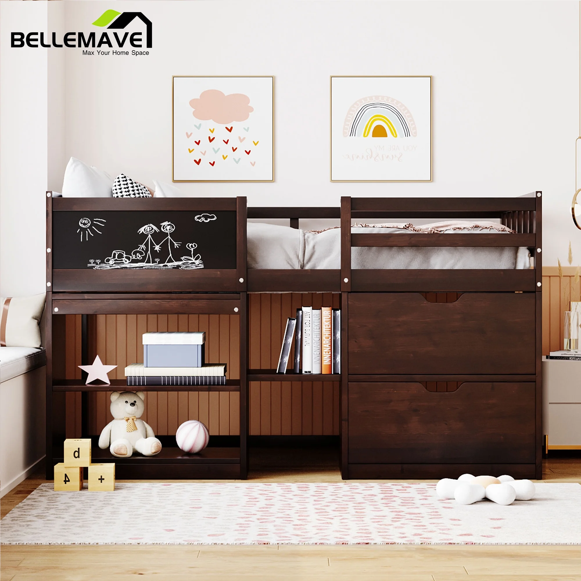 Low Loft Bed Twin Size with Rolling Desk, Storage Shelves and Chalkboard, Kids Loft Bed with Storage Drawer and Full-Length Guardrail, Twin Loft Bed for Kids, Girls, Boys,Espresso