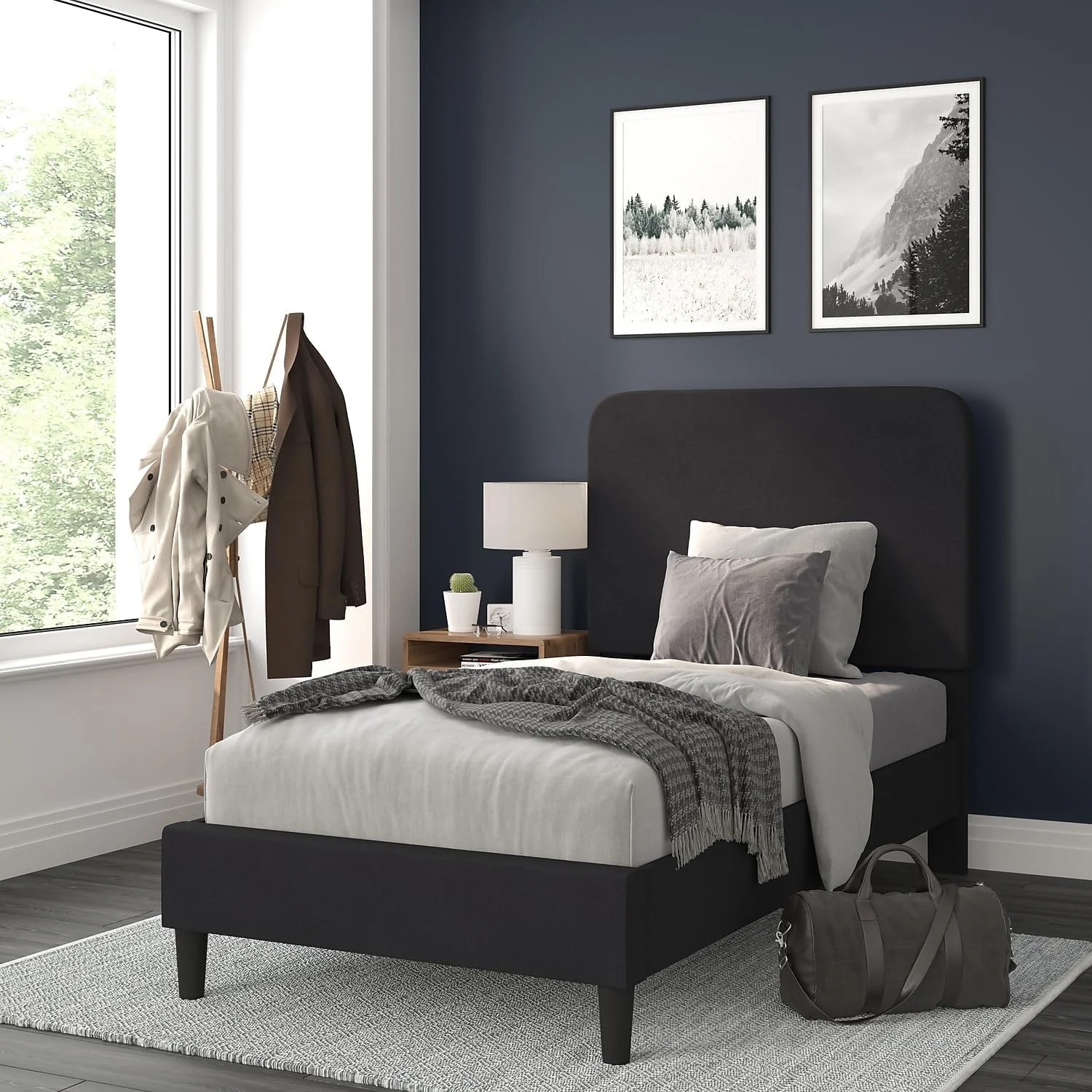 YGDU Addison Platform Bed - Charcoal Fabric Upholstery - Twin - Headboard with Rounded Edges - Wood Slat Support - No Box Spring or Foundation Needed