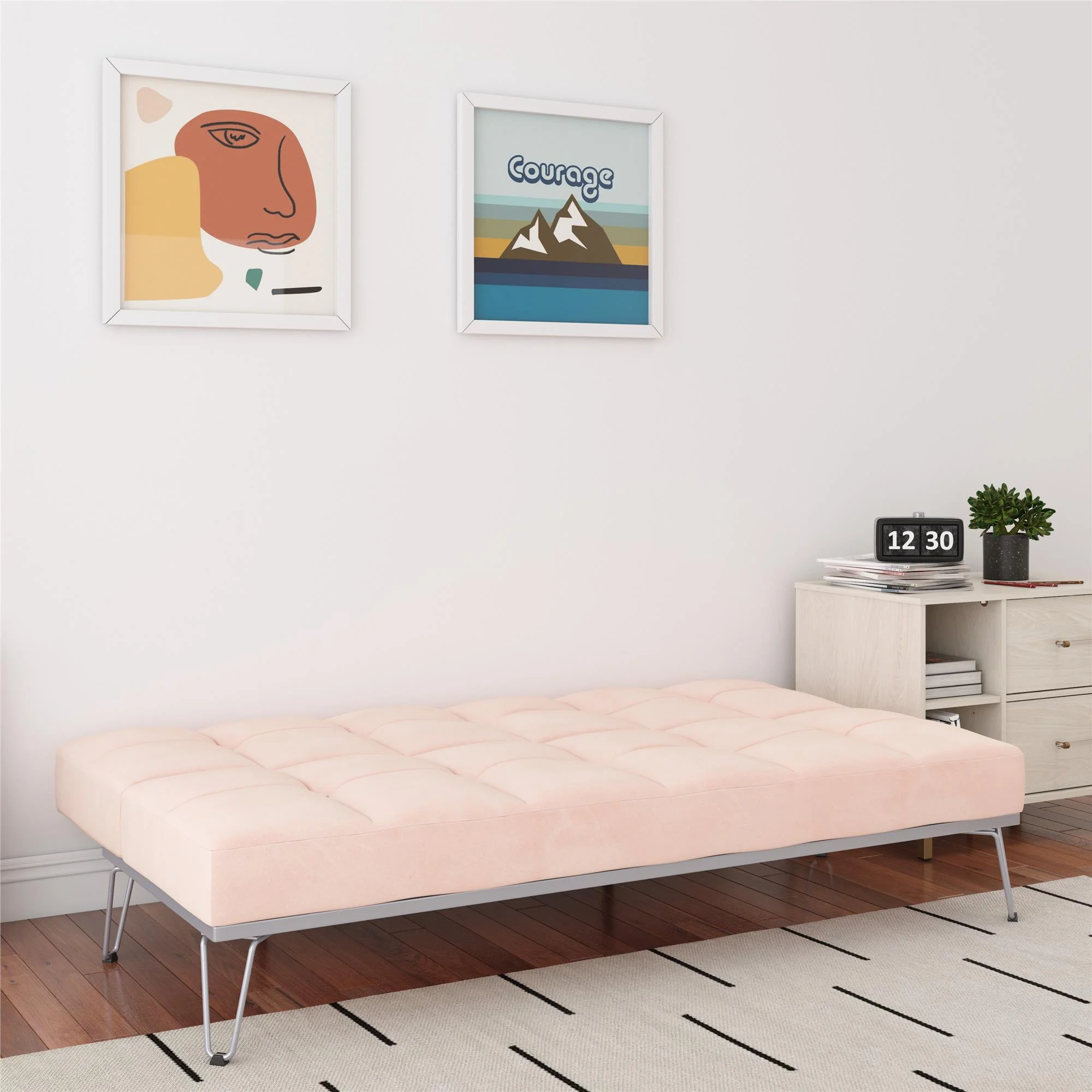 Novogratz Elle Futon, Convertible Sofa Bed and Couch, Pink Velvet