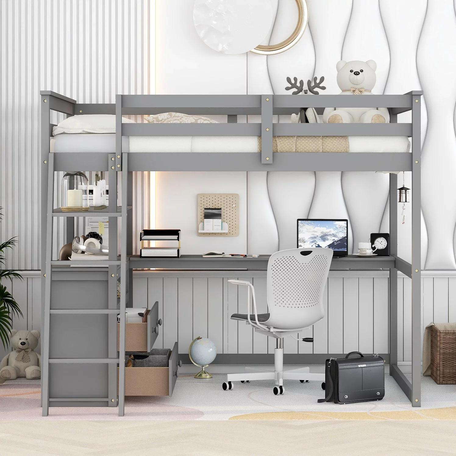 Bellemave Full Size Loft Bed with Desk and Storage, Wood Loft Bed Frame with Shelves and Built-In Drawers, High Loft Bed for Kids Teens Adults, Gray