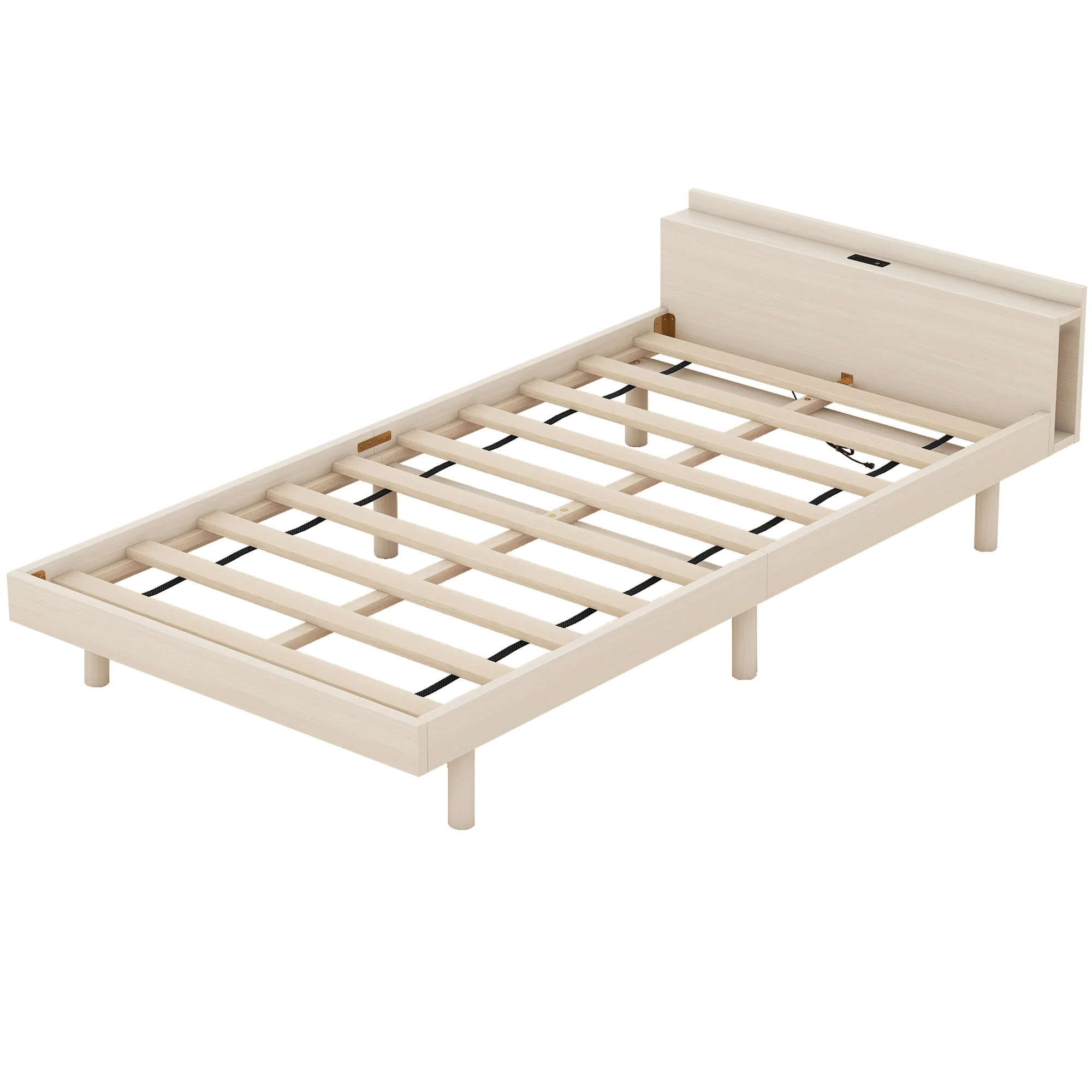PAPROOS Wood Platform Bed, Twin Size Platform Bed Frame with Storage Headboard and USB Charging Port, Modern Twin Bed Frame with Wooden Slats and Solid Wood Legs, No Box Spring Needed, White Washed