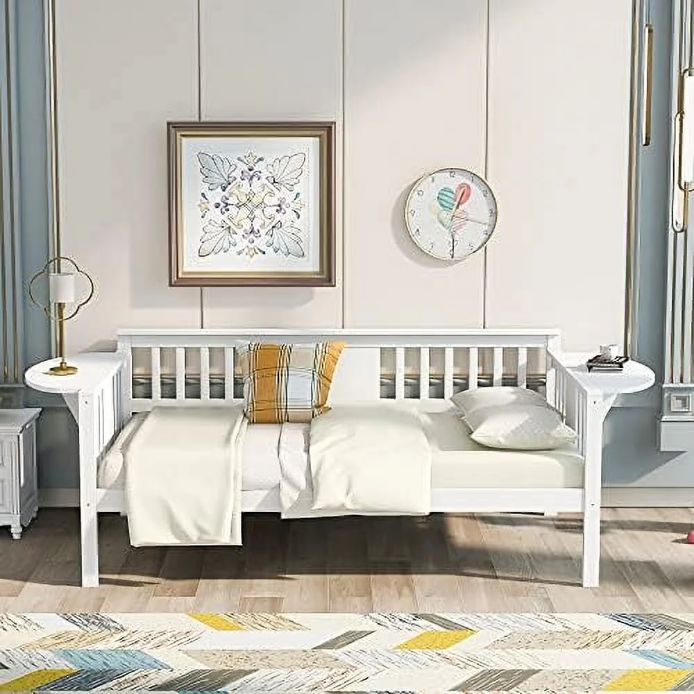 HBBOOMLIFE Harper & Bright Designs Wood Twin Size Daybed Sofa Bed Frame with Small Table Wood Slat Support Twin Daybed for Bedroom Living Room (White)