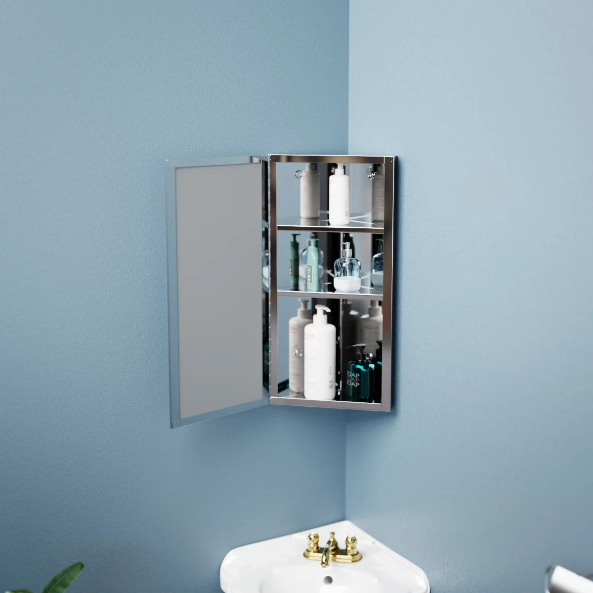 Corner Medicine Cabinet w/Mirror Bathroom Stainless Steel Wall Mount Cabinet Triple Shelf Opens to Left w/Screws Renovator's Supply