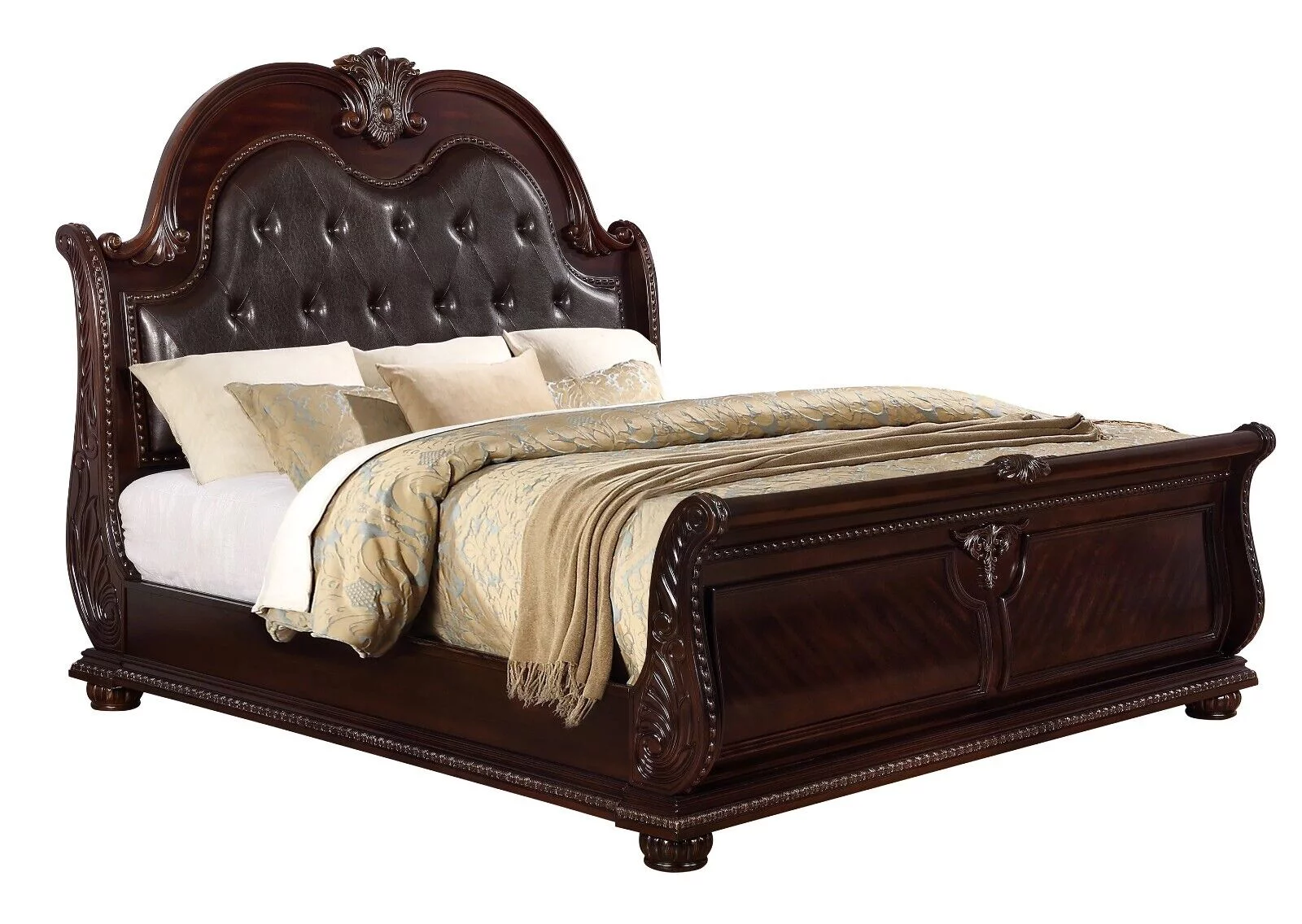 Classic Vintage Style Luxury 3pc Set Brown Cherry Finish Queen Size Bed and Nightstands Bedroom Furniture