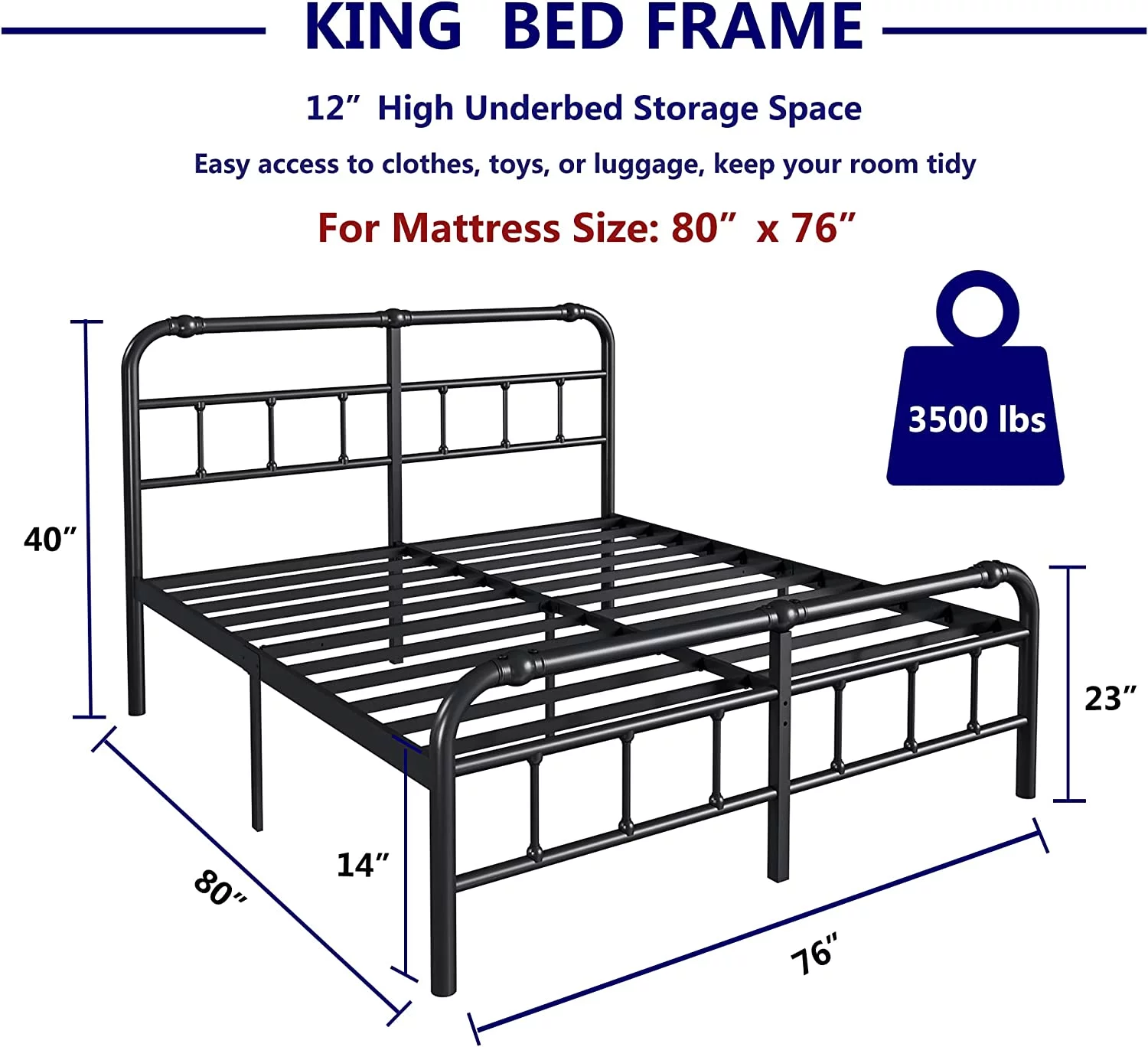 Metal King-Size-Bed-Frame with Headboard and Footboard 14 Inch-Platform Bed Frame  Victorian Vintage Style Mattress Foundation  No Box Spring Needed  Black