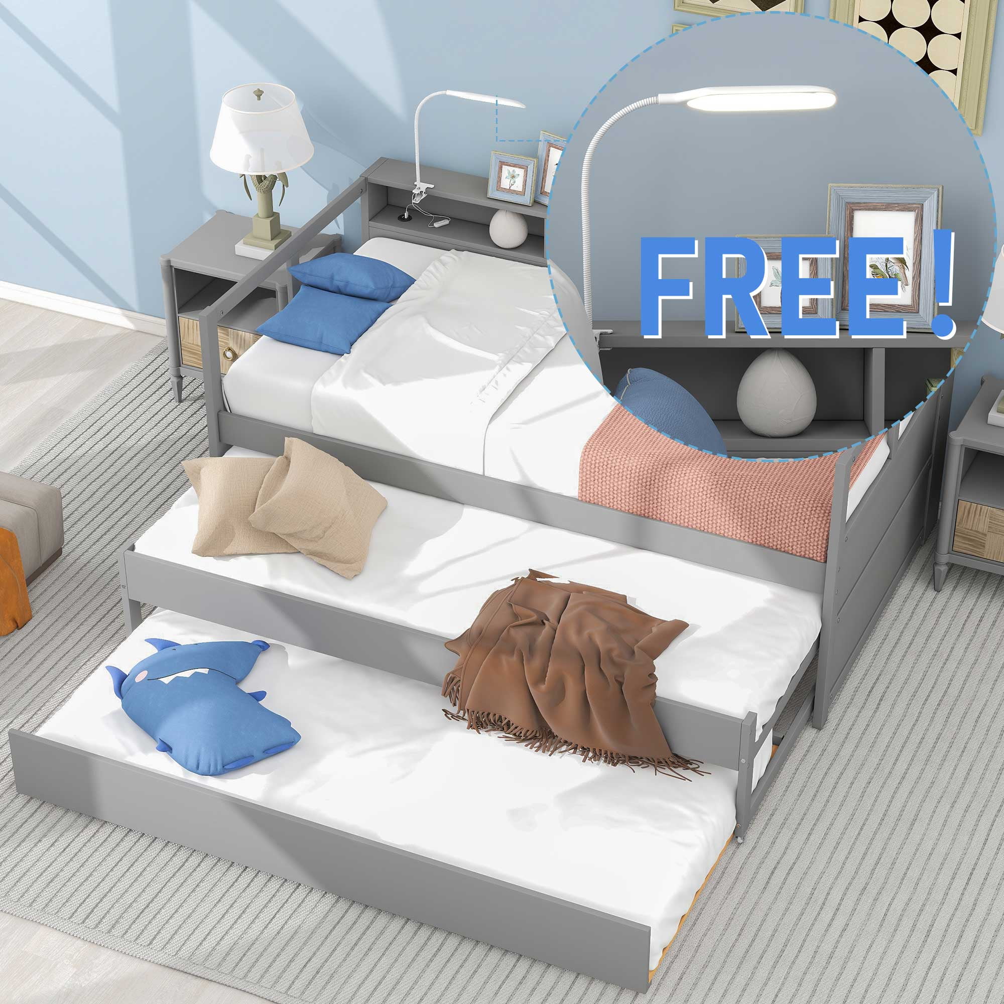 EUROCO Twin Size Platform Bed with Storage Shelf, Convertible Daybed with Night Light and USB Charging for Kids Teens Adults, 3 Beds in One, Gray