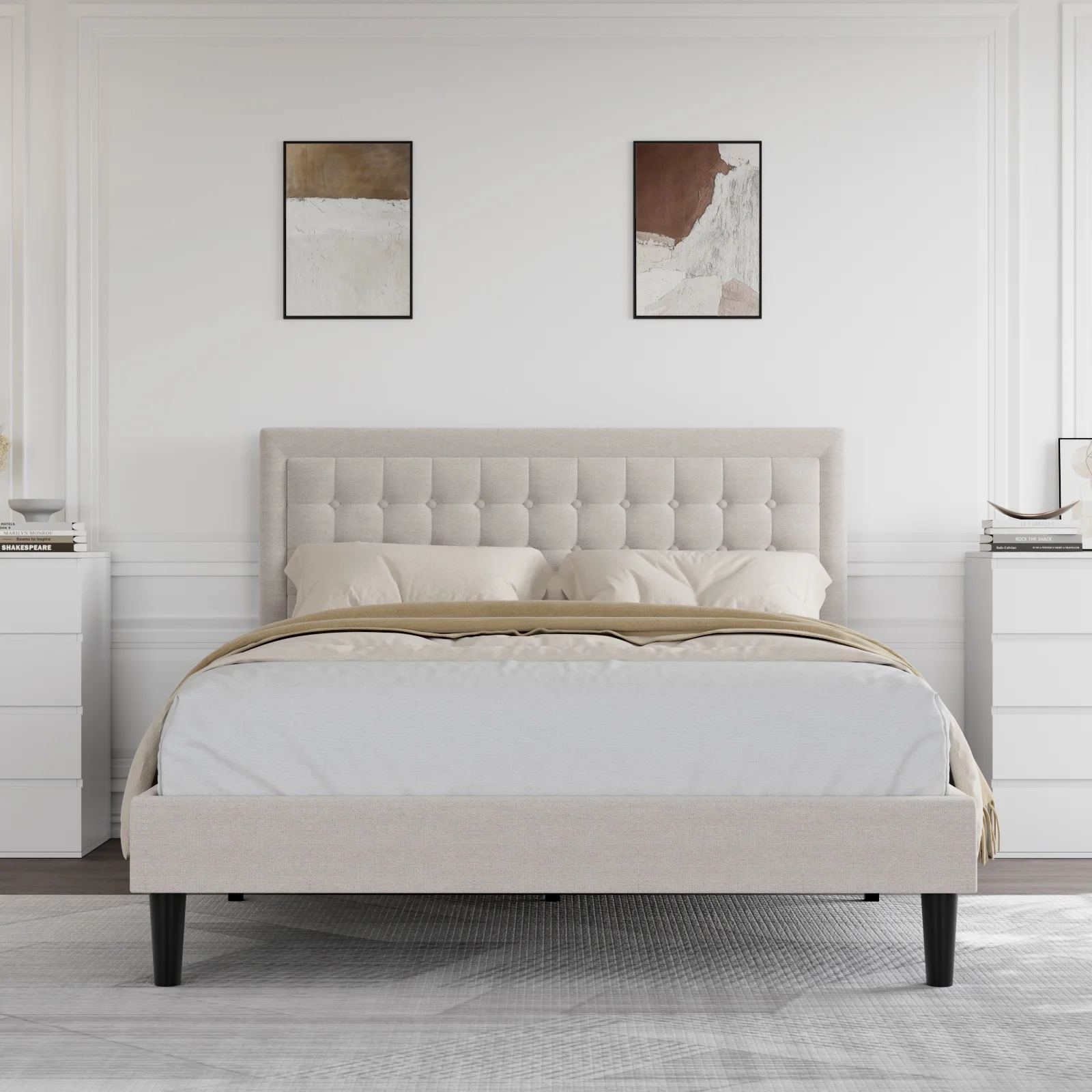 Homfa Full Size Bed Frame, Modern Linen Fabric Upholstered Bed Frame with Adjustable Headboard, Wood Slat Support, Beige