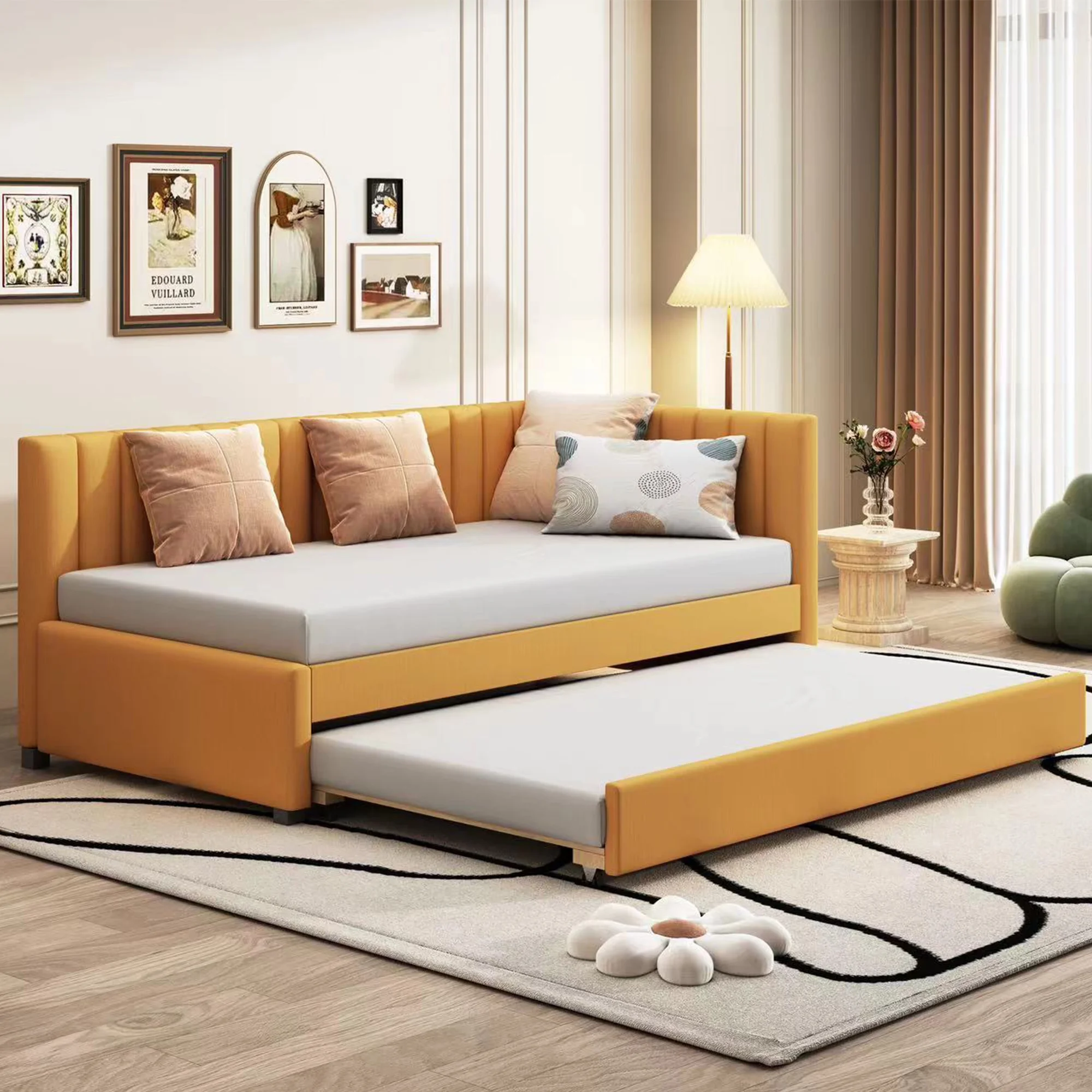 Churanty Upholstered Daybed with Trundle, Linen Twin Size Daybed Sofa Bed Frame for Living Room Bedroom,Yellow