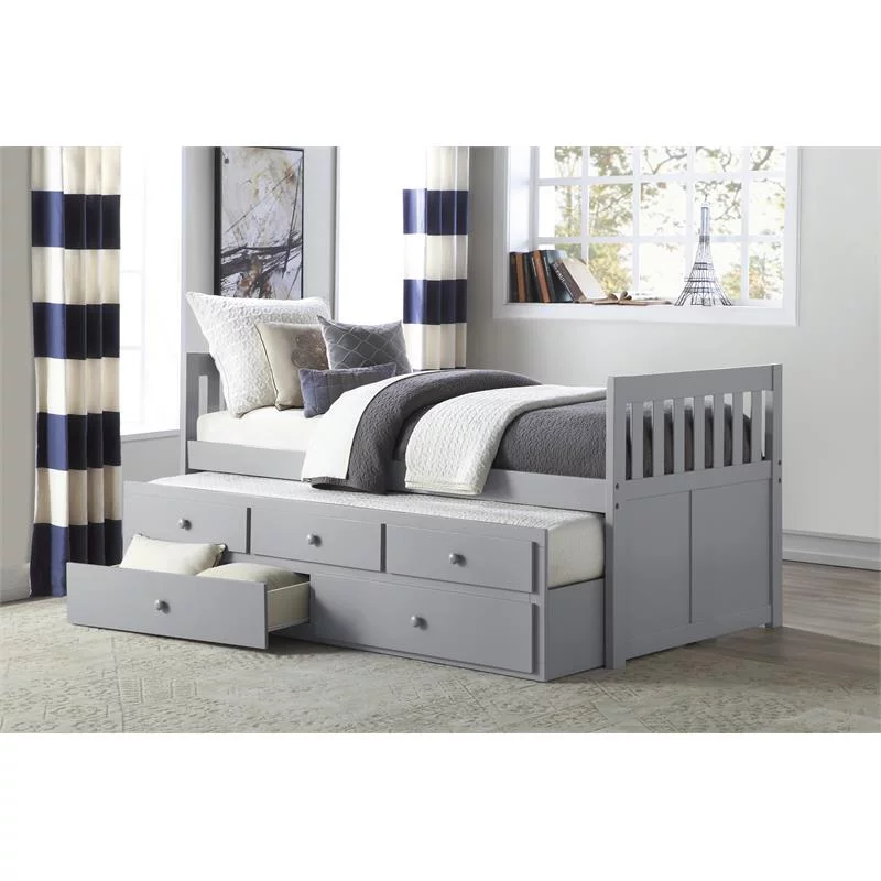 Lexicon Orion Wood Twin Bed with 2 Storage Drawer Trundle Bed in Gray