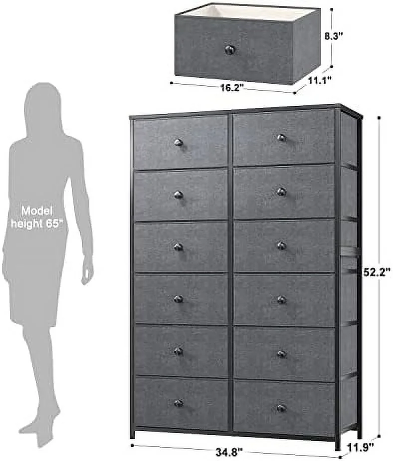 CCBIUOMBO Dresser with 12 Drawers  Tall Dressers with Wooden Top and Metal Frame  Dressers & Chest of Drawers for Bedroom  Closet  Living Room  Gray  11.9" D x 34.8" W x 52.2&