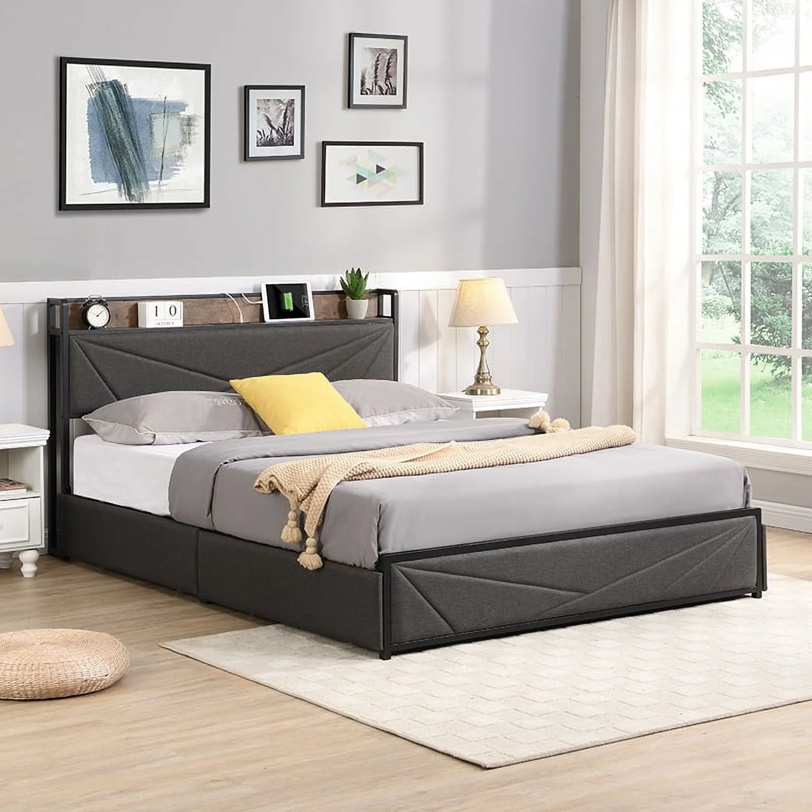 CoSoTower Queen Bed Frame, Storage Headboard with Charging Station, Solid and Stable, Noise Free, No Box Spring Needed, Easy Assembly