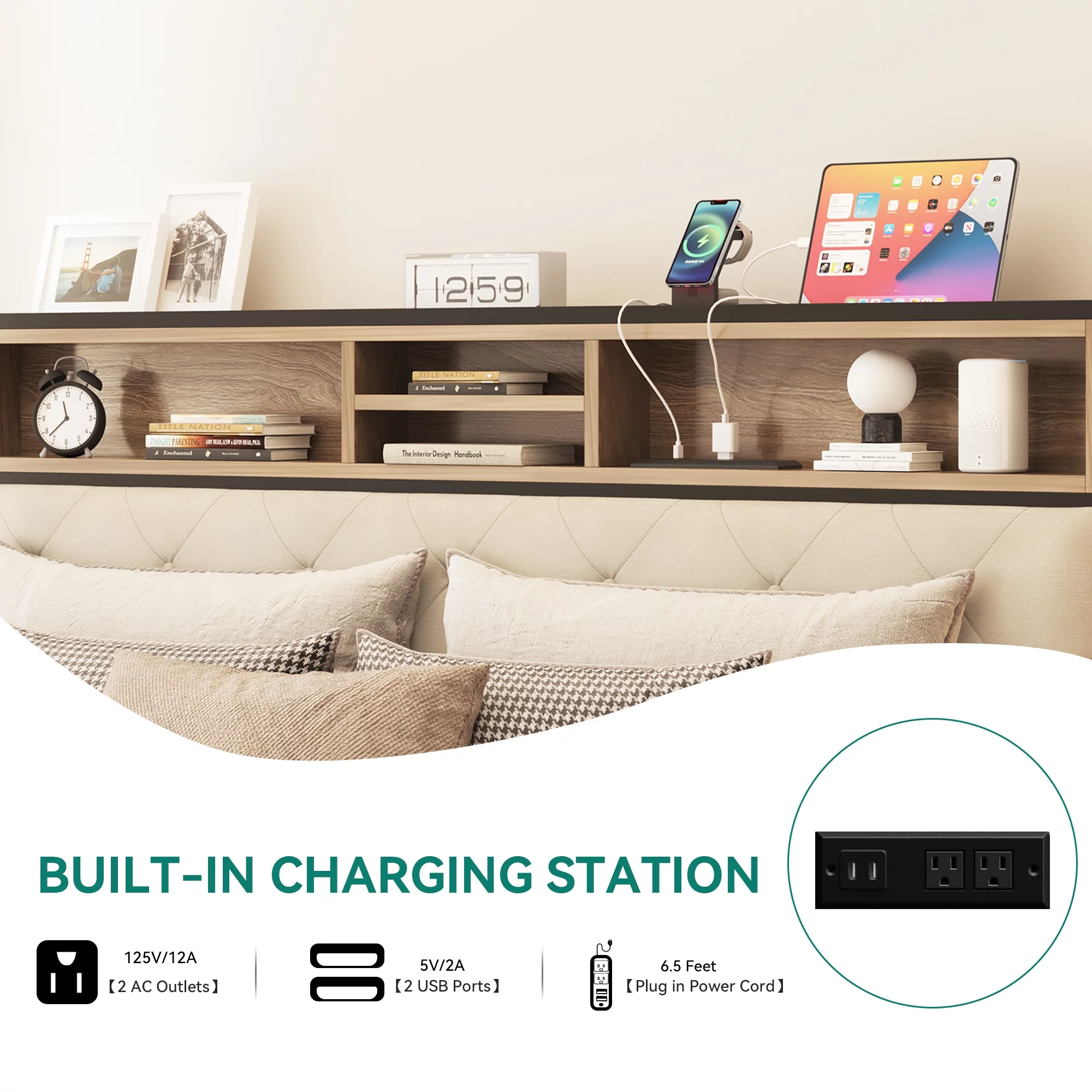 Dextrus Queen Size Bed Frame with Charging Station Footboard Metal Slats, and Storage Headboard, Beige