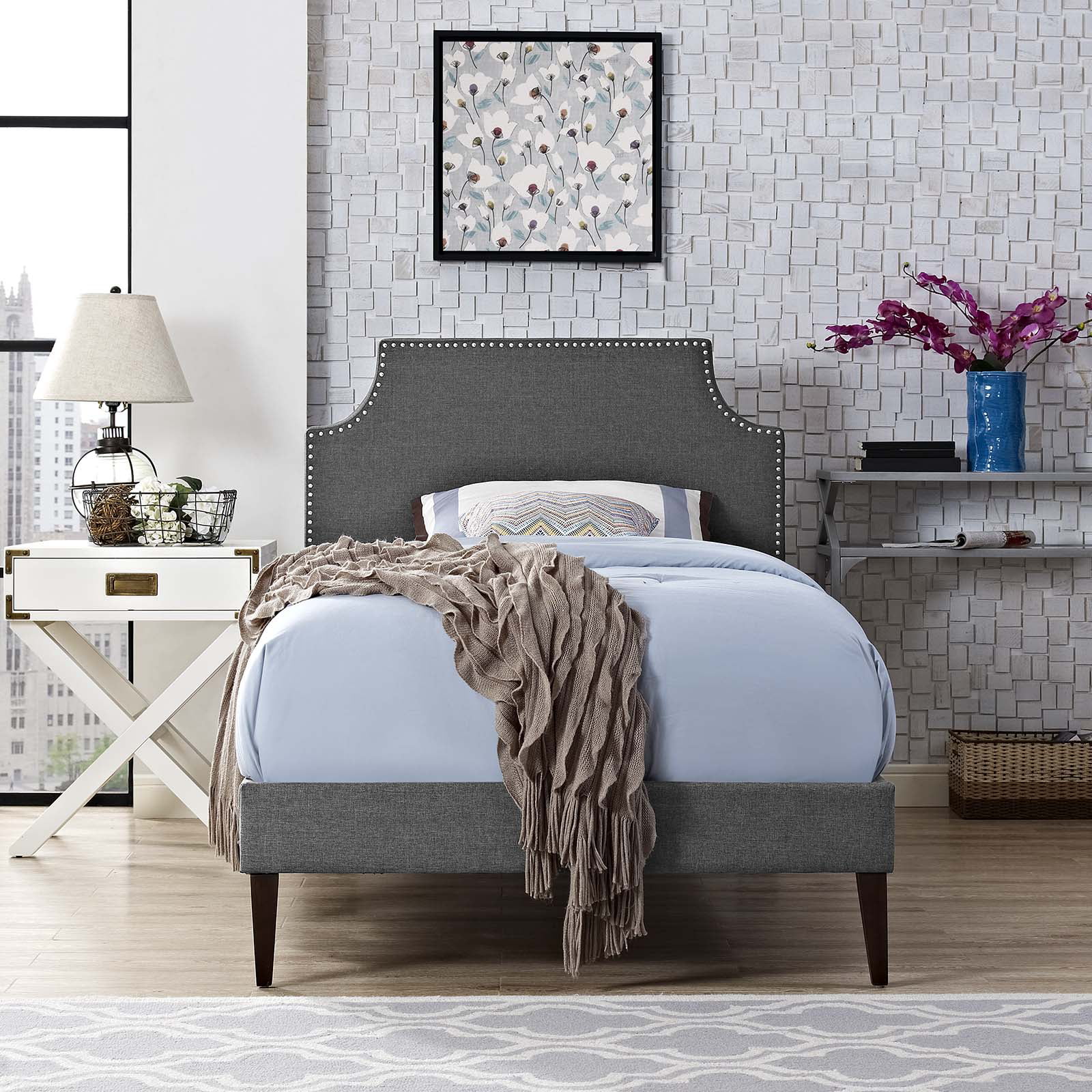 Modern Contemporary Urban Design Bedroom Twin Size Platform Bed Frame, Fabric Copper Nail Rivet, Grey Gray