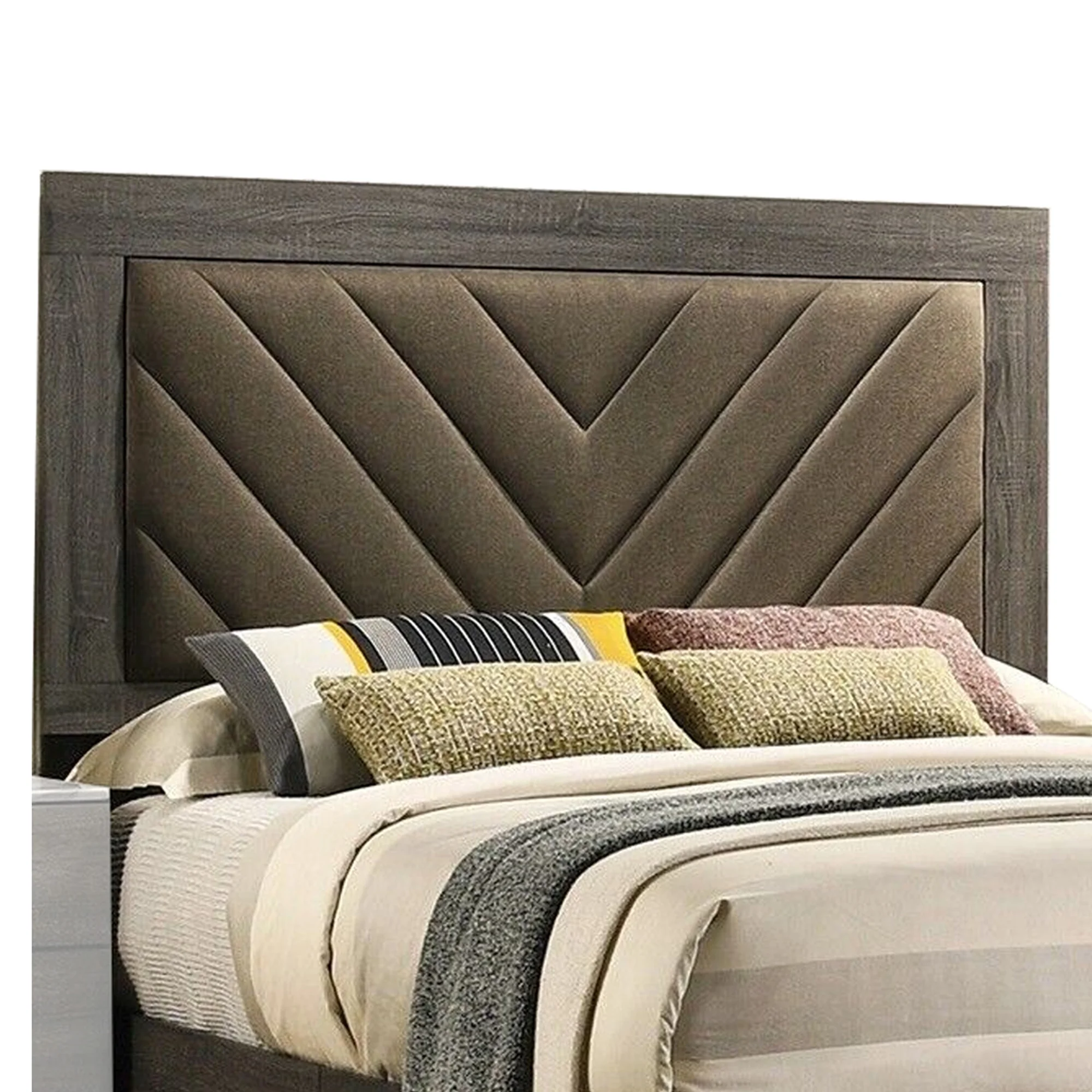 Cato Upholstered Queen Size Bed Chevron Tufted Brown Headboard Dark Gray - Saltoro Sherpi