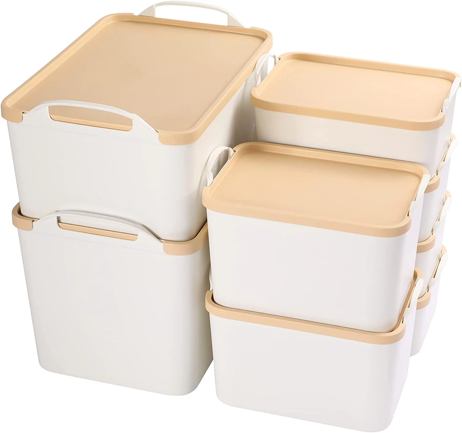 WAGEE 8PCS All-in-One Lidded Plastic Storage Bins Set White Desk Basket Box Drawer Organizer Kitchen Container with Handles Removable Lids Decorative Clothes Laundry Closet Cabinet Shelf Cube