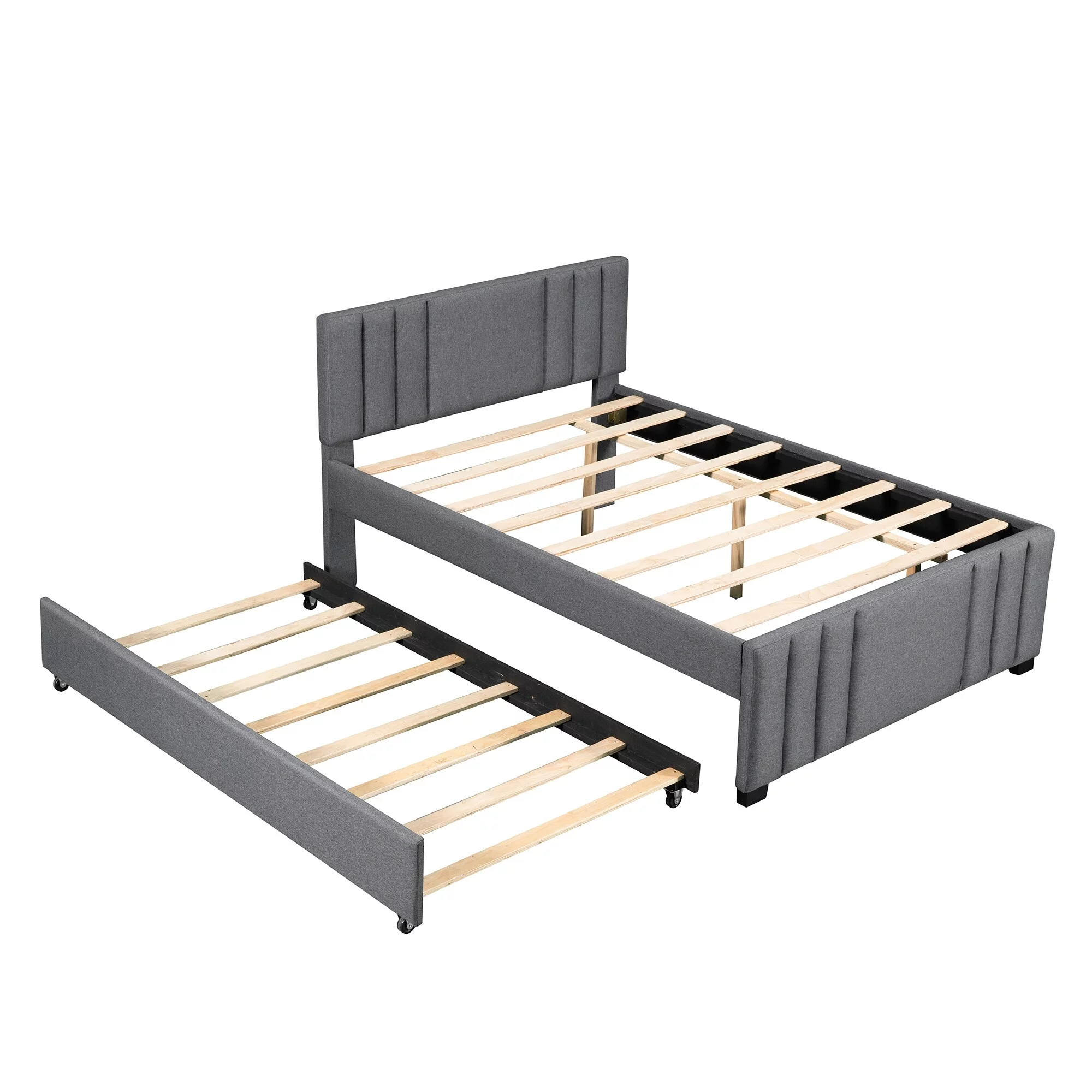 Full Size Upholstered Platform Bed with Trundle, Wooden Bedframe w/Headboard for Kids Teens Bedroom, No Box Spring Required,Grey