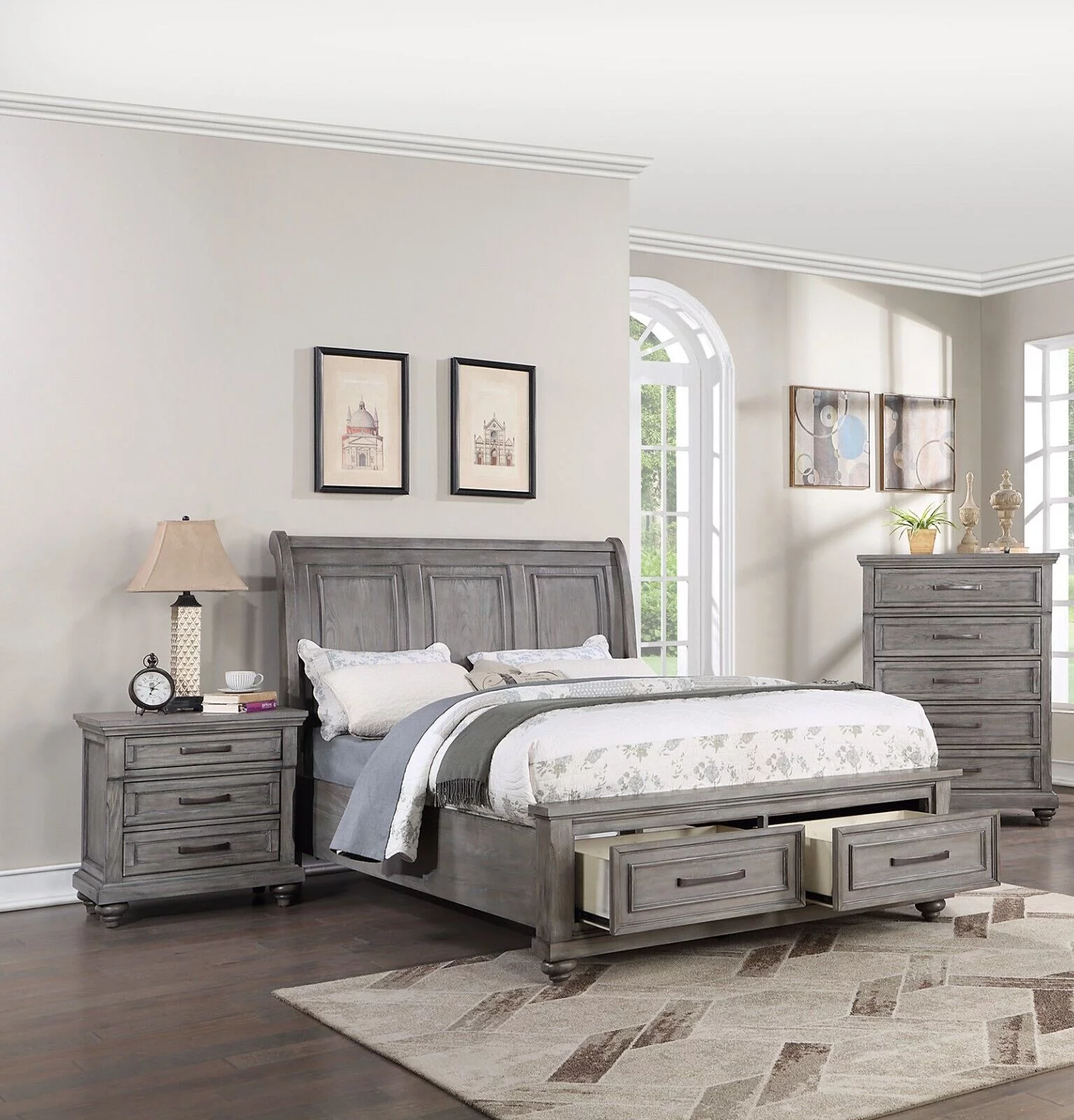 Grey Finish Wooden Est King Size Bed 2x Nightstands 3pc Set Bedroom Furniture Sleigh 3-Panel Design Headboard Storage Footboard