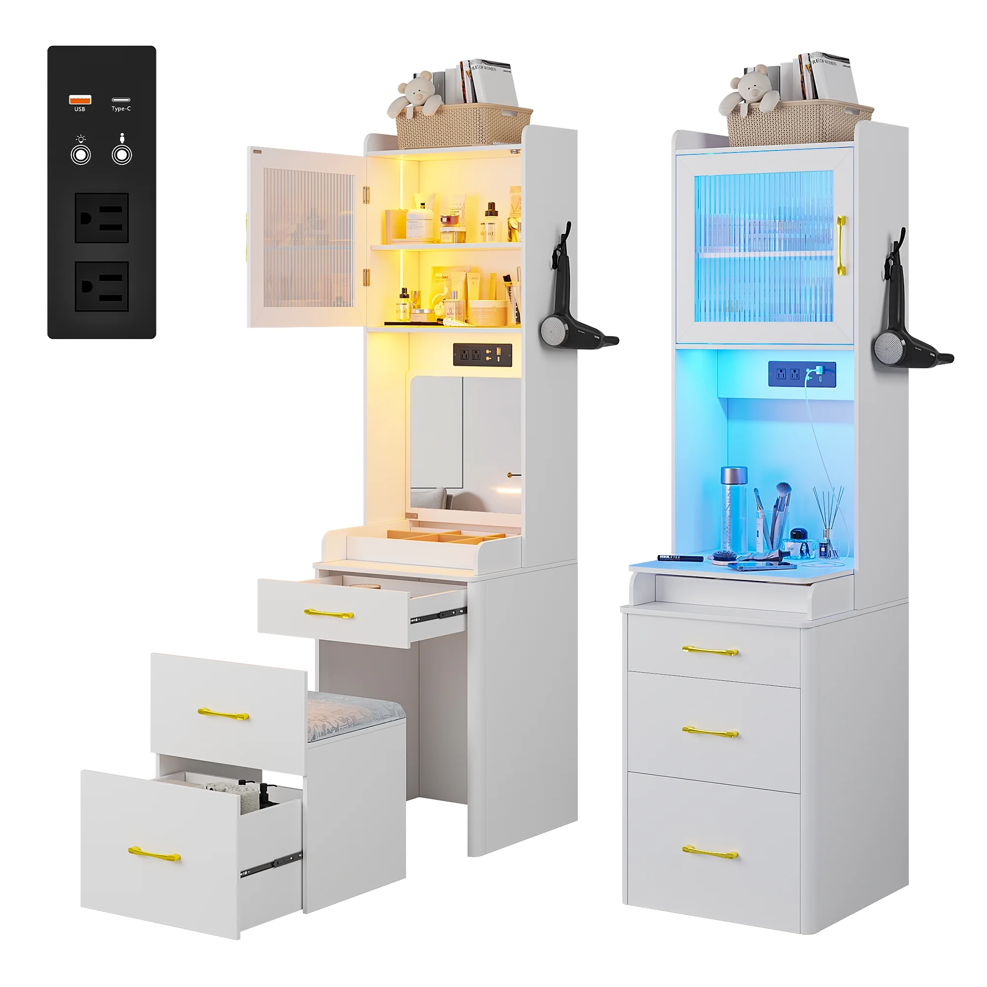 HNEBC Vanity Desk with Plip-up Mirror and Light, Makeup Vanity Table with Charging Station, Small Vanity Set with 2 Drawers/Stool ,Dressing Table＆Makeup Table for Bedroom