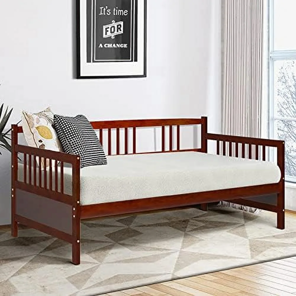 TJUNBOLIFE Twin Daybed Frame Wooden Sofa Bed Guest Bed with Rails Platform Bed Frame Twin Size for Living Room Bedroom (White)