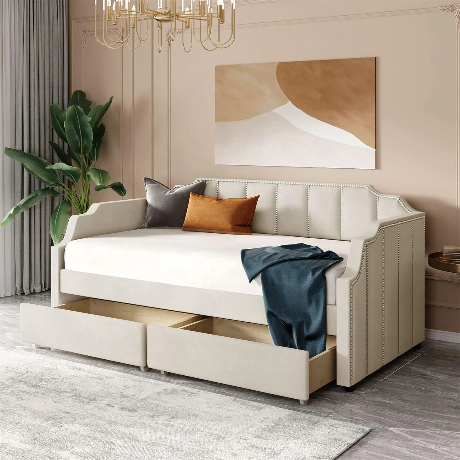 Upholstered Daybed With Storage Drawers, Living Room Sofa Bed Beige Velvet Bed For Bedroom Guest Room, Beige