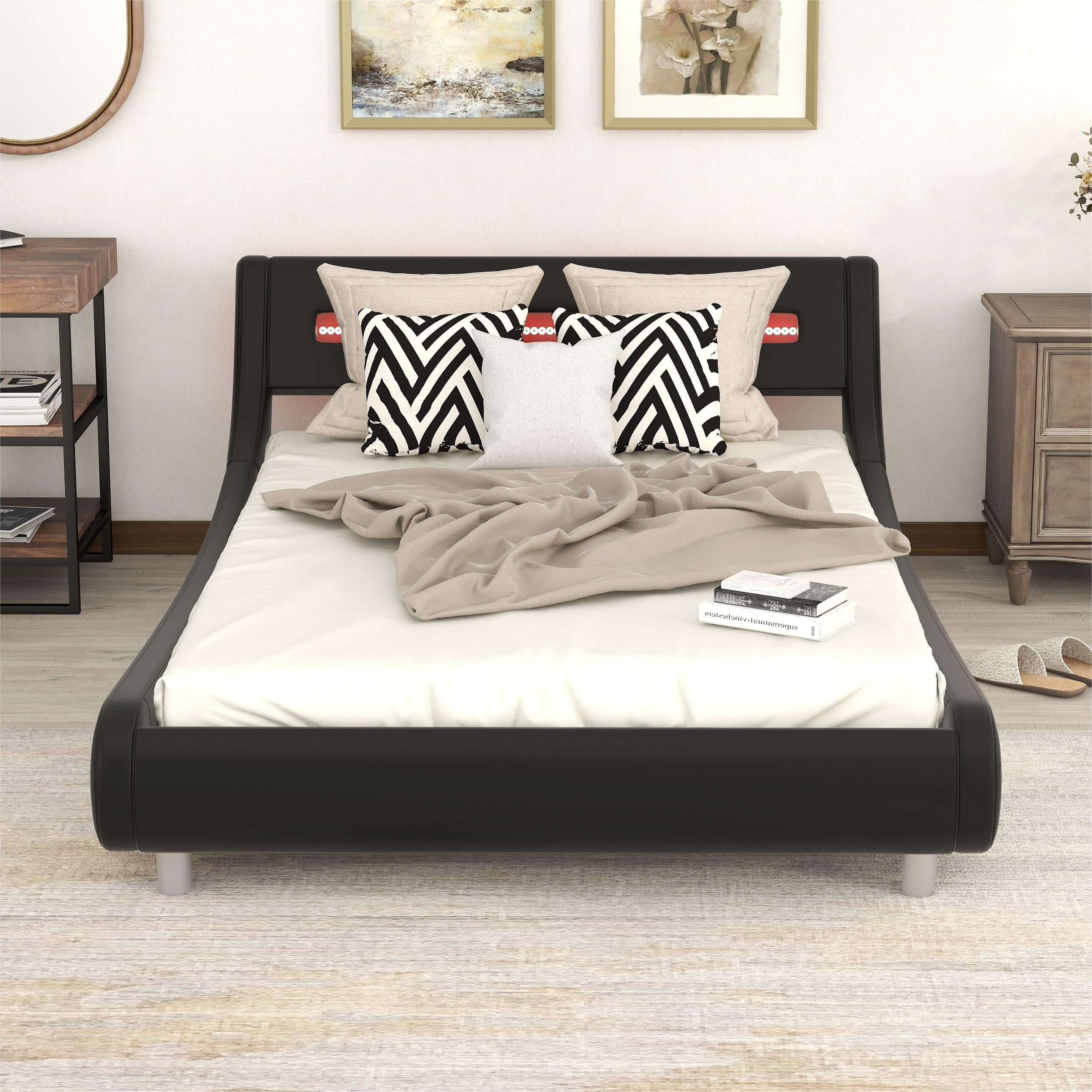 EUROCO Full Size Upholstery Platform Bed with Easy Lift up Underbed Storage and LED Light Headboard for Living Room, Black
