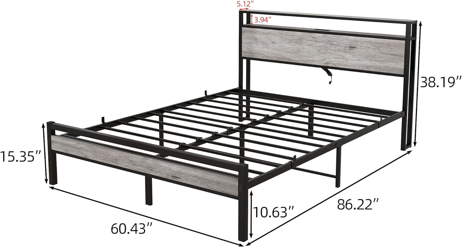 Full Size Bed Frame with Storage Headboard/USB Charging Station,Metal Platform Bed Frame Full Size No Box Spring Needed,Noise-Free,Strong Steel Slats Support,Warm Grey