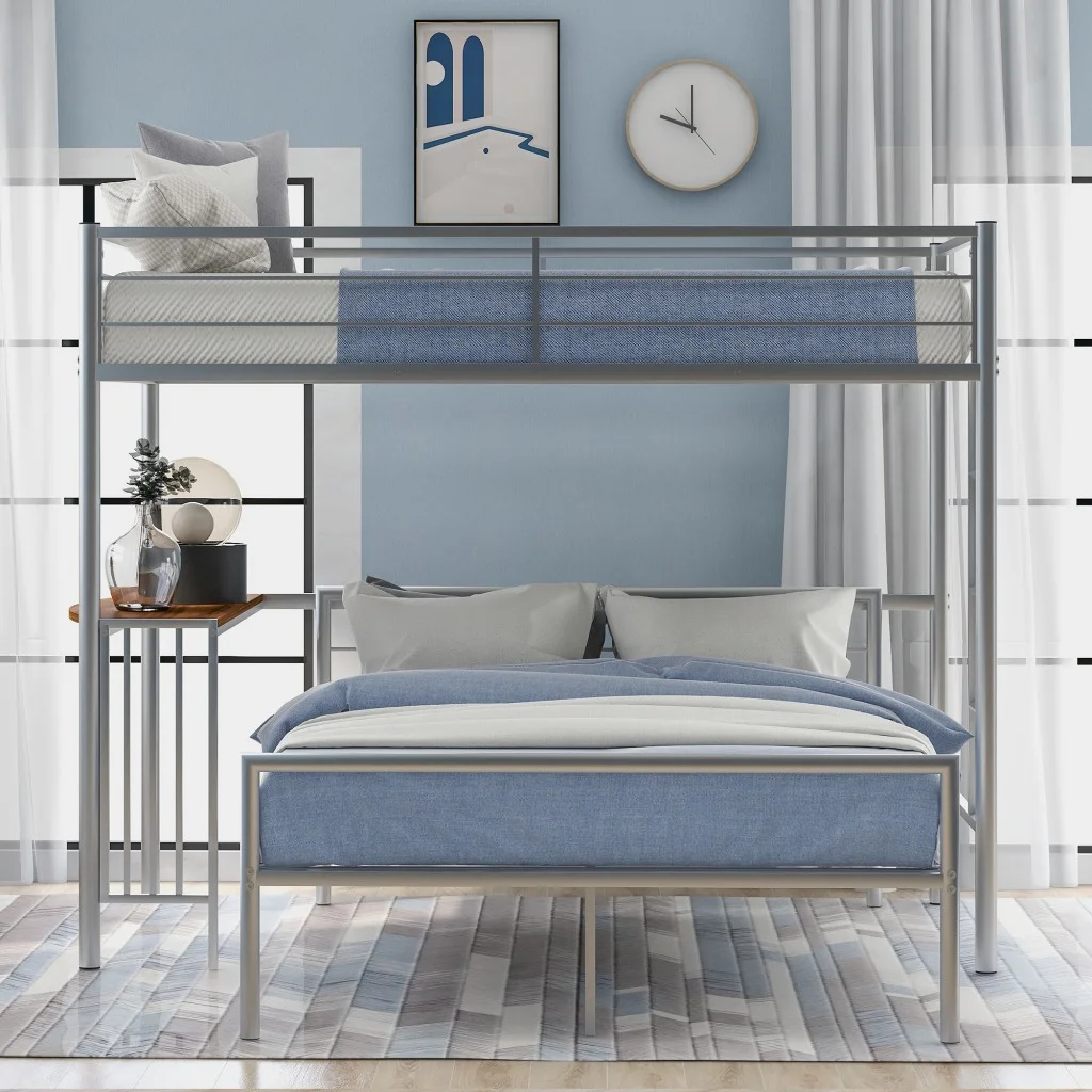 HomeRoots 403900 Silver Over Full Size Metal Bunk Bed with Desk - Twin Size