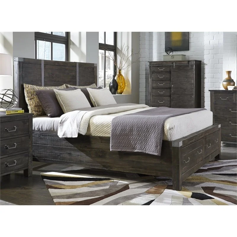 Bowery Hill Farmhouse Metal Gray Queen Panel Bed with Storage