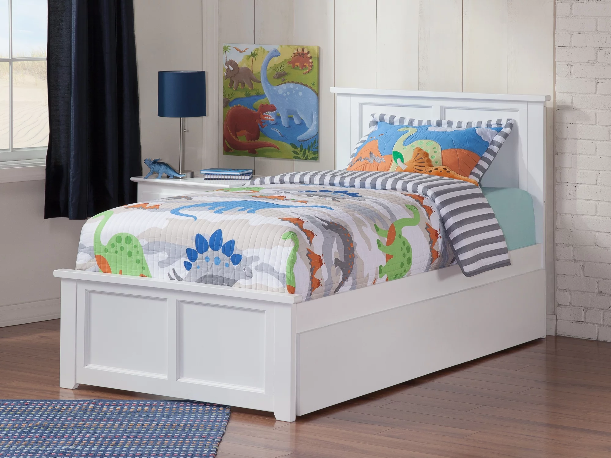 Madison Twin Extra Long Bed with Matching Footboard and Twin Extra Long Trundle in White