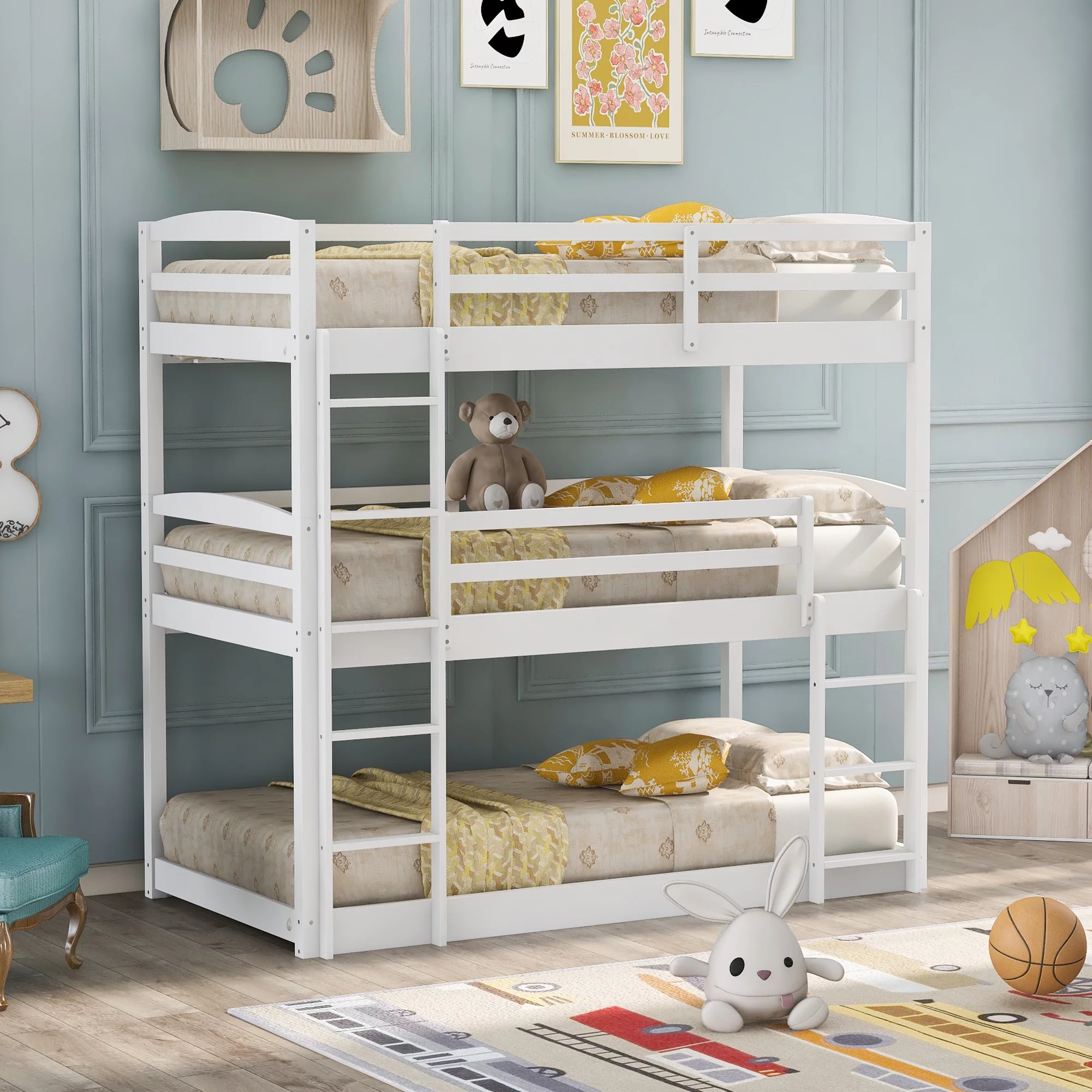EUROCO Twin over Twin over Twin Triple Bunk Bed with Ladders for Kids Bedroom, Three Beds in One, Convert into One Bunk Bed and A Platform Bed, White