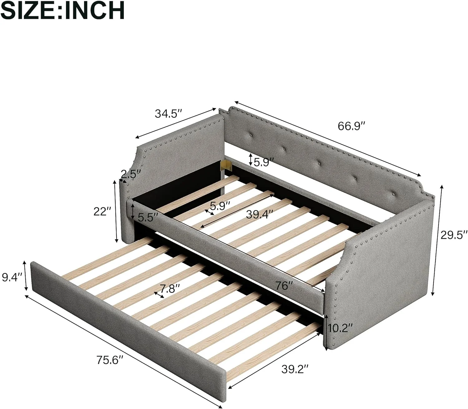Daybed With Trundle, Upholstered Daybed With Trundle, Size Trundle Daybed Sofa Bed For Bedroom Living Room,No Box Spring Needed, Gray