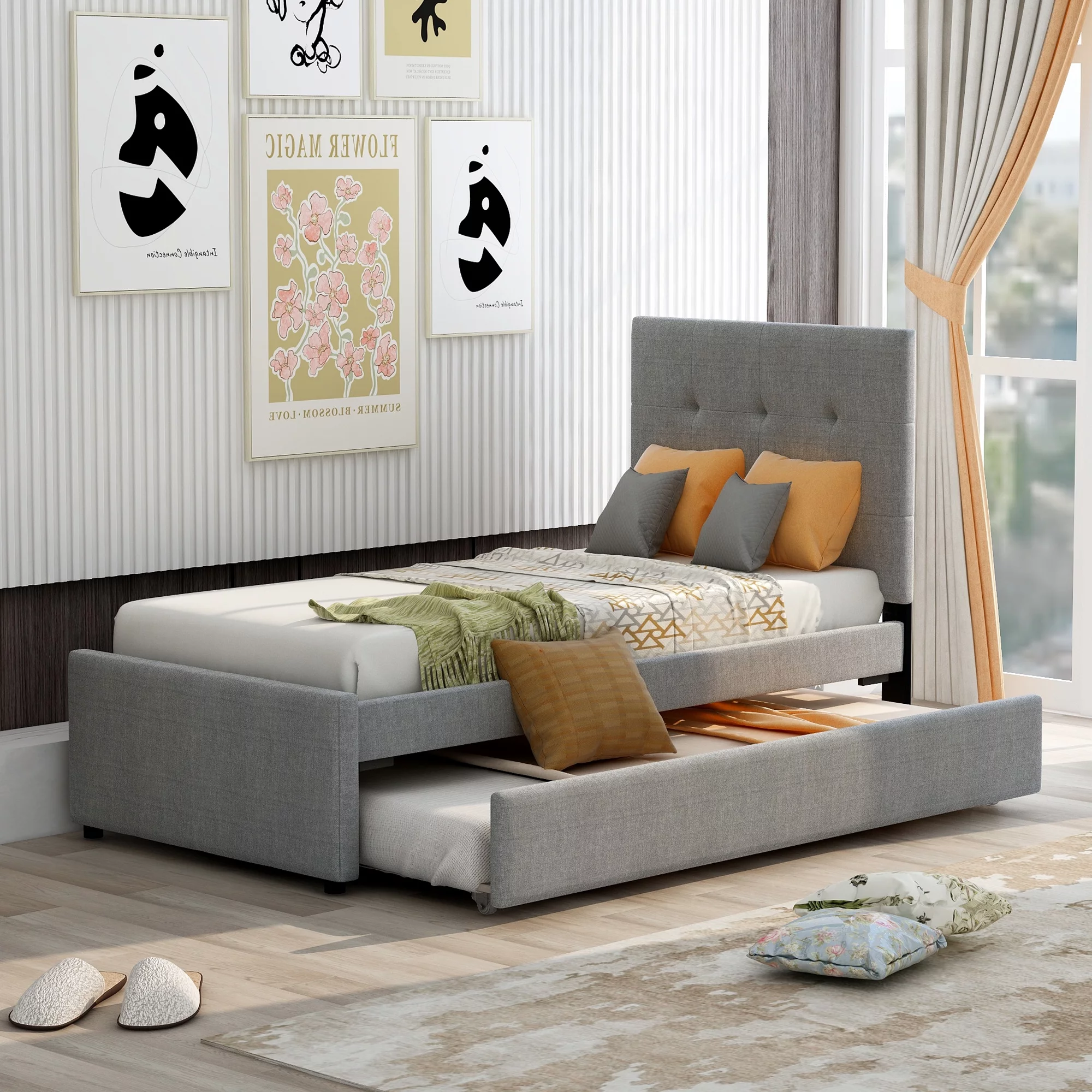 Nestfair Gray Twin Size Linen Upholstered Platform Bed With Headboard and Trundle