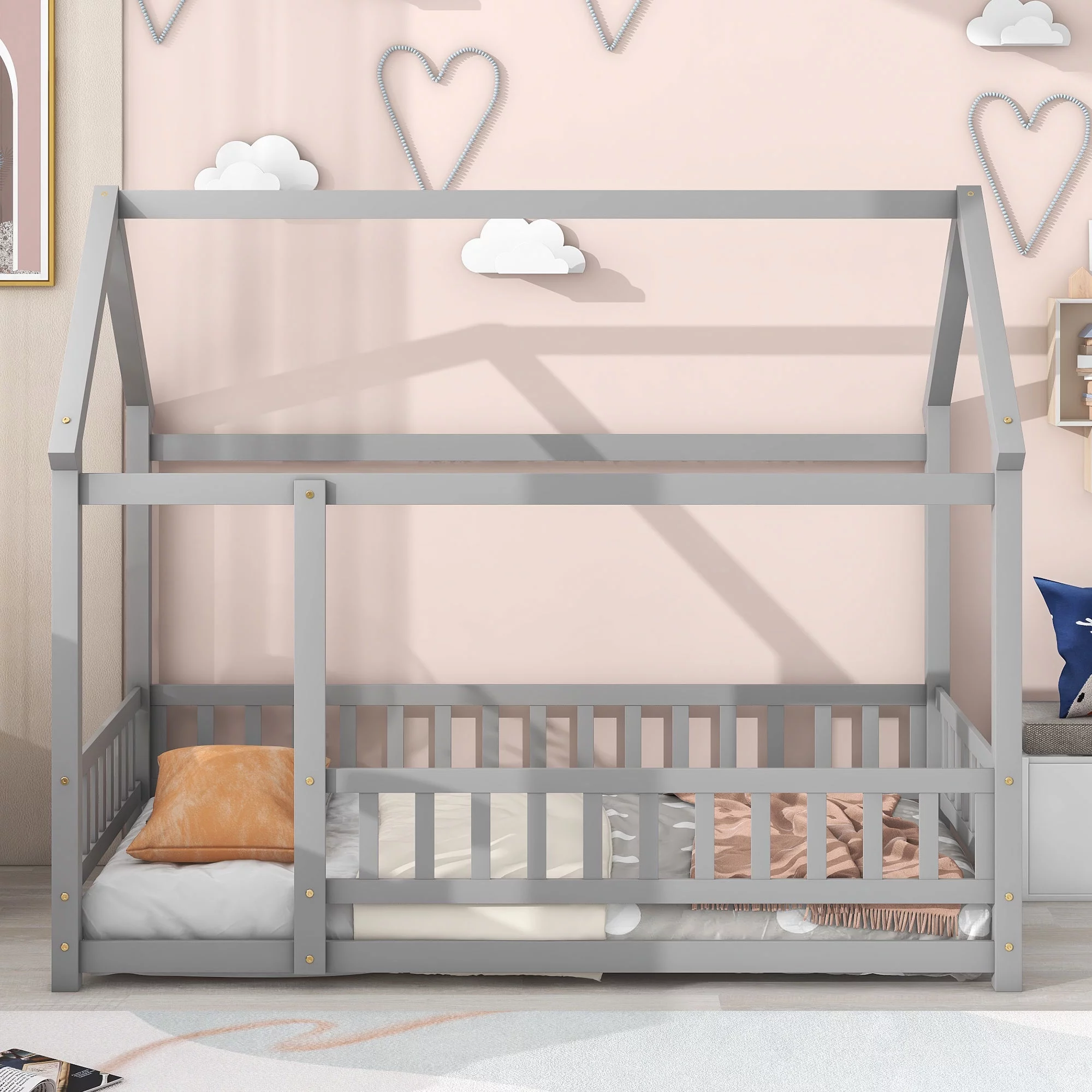 Momspeace Twin Floor Wooden Bed with Fence and Roof for Kids, Child Twin House Bed, Gray