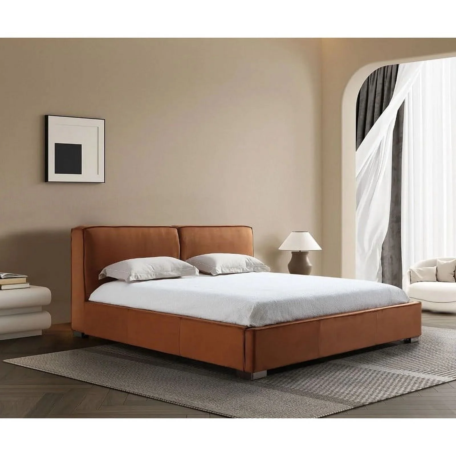 Serene Modern Upholstered Queen Size Bed, Chestnut