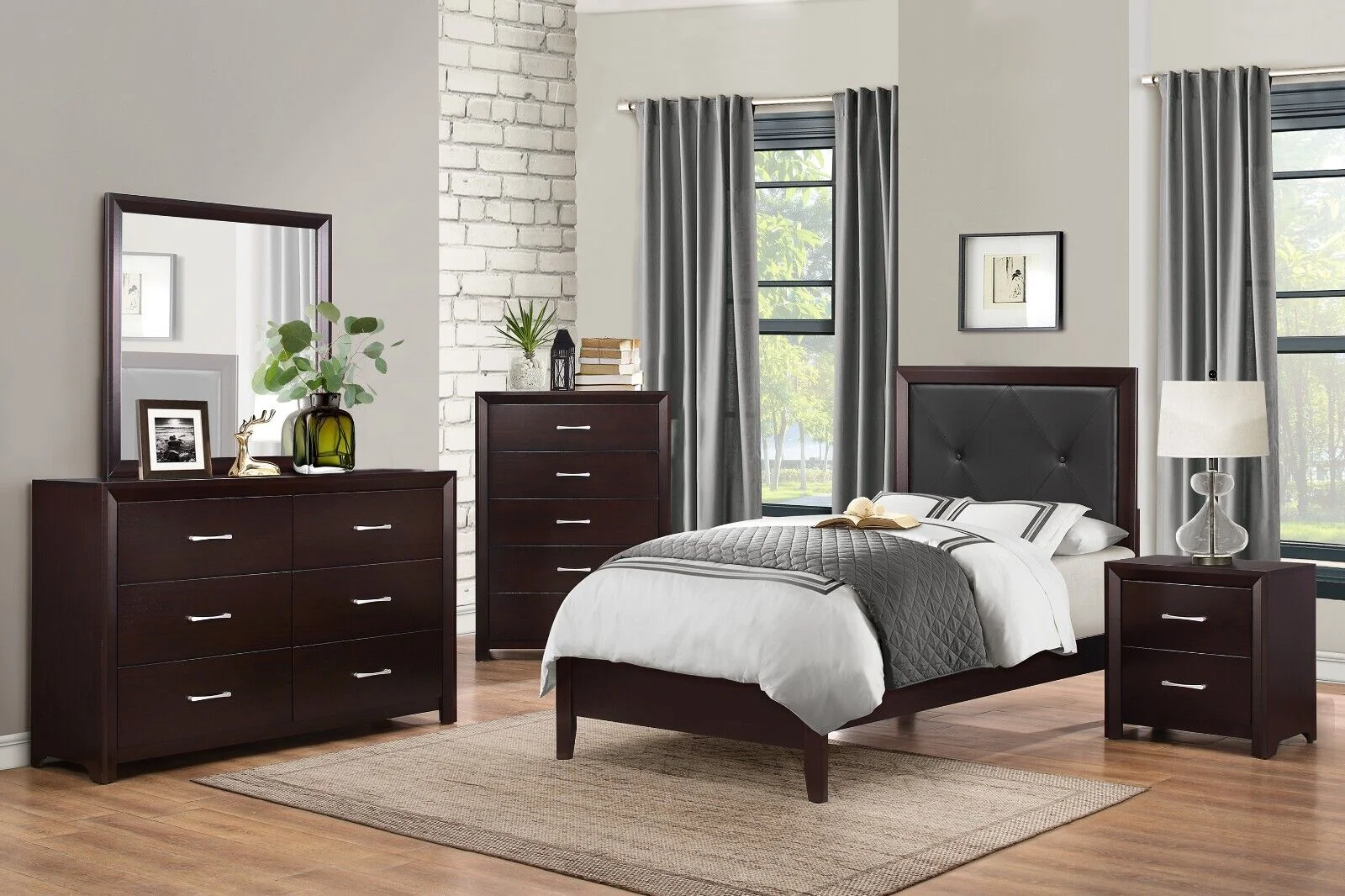 Contemporary Espresso Finish Bedroom 5pc Set Twin Bed Dresser Nightstand Chest Mirror