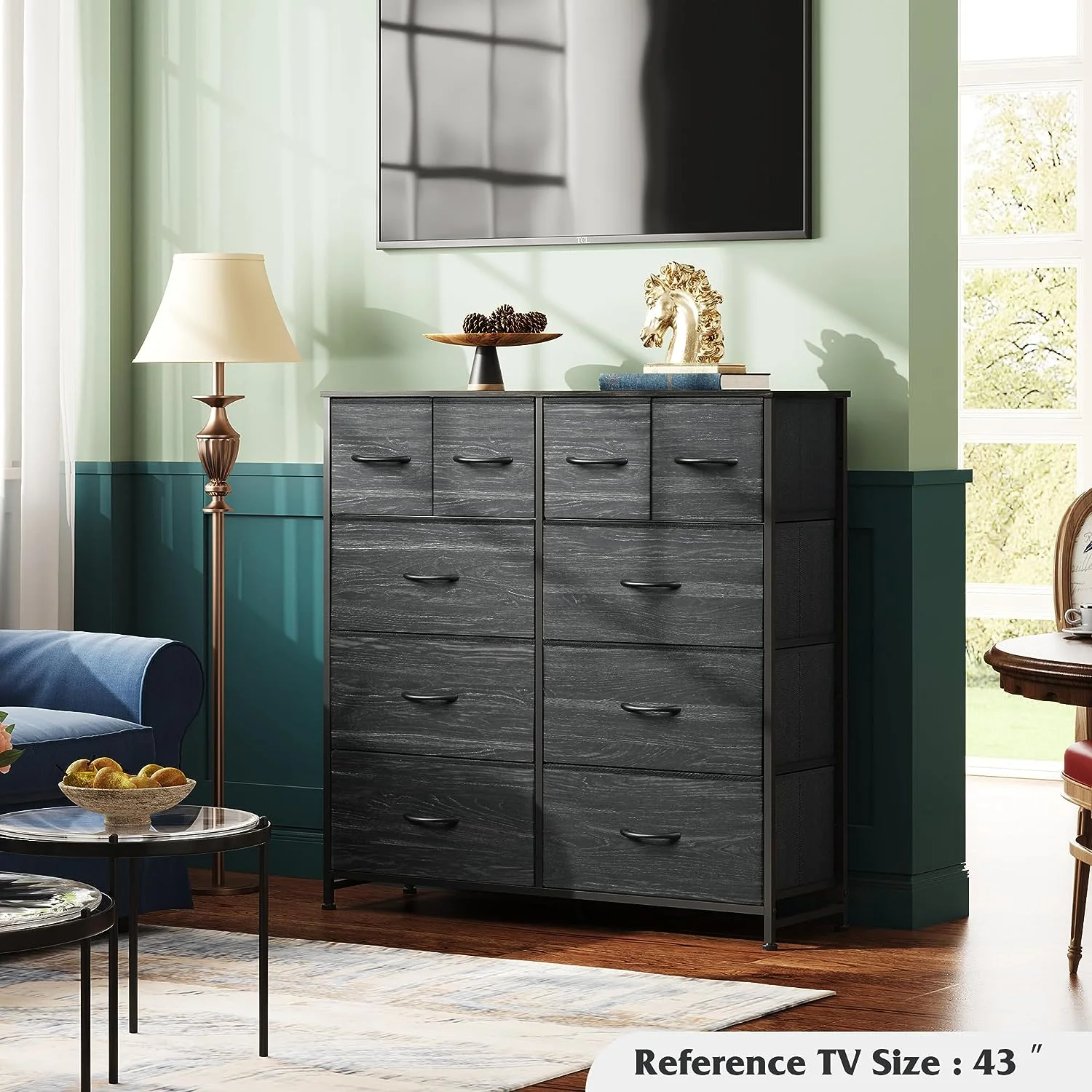 QCAI Fabric Dresser for Bedroom, Storage Drawer Unit,Dresser with 10 Deep Drawers for Office, College Dorm, Charcoal Black Wood Grain Print