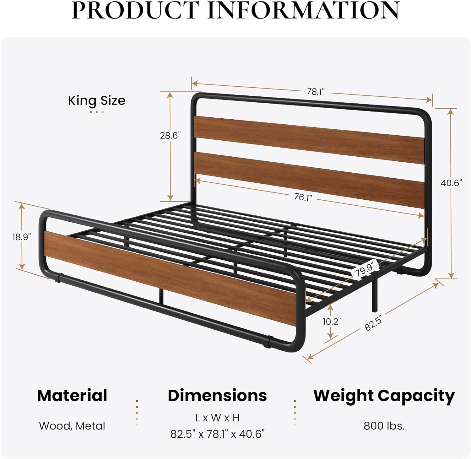 JIAH Full Size Metal Bed Frame with Wooden Headboard and Footboard, Heavy Duty Oval-Shaped Platform Bed Frame with 10