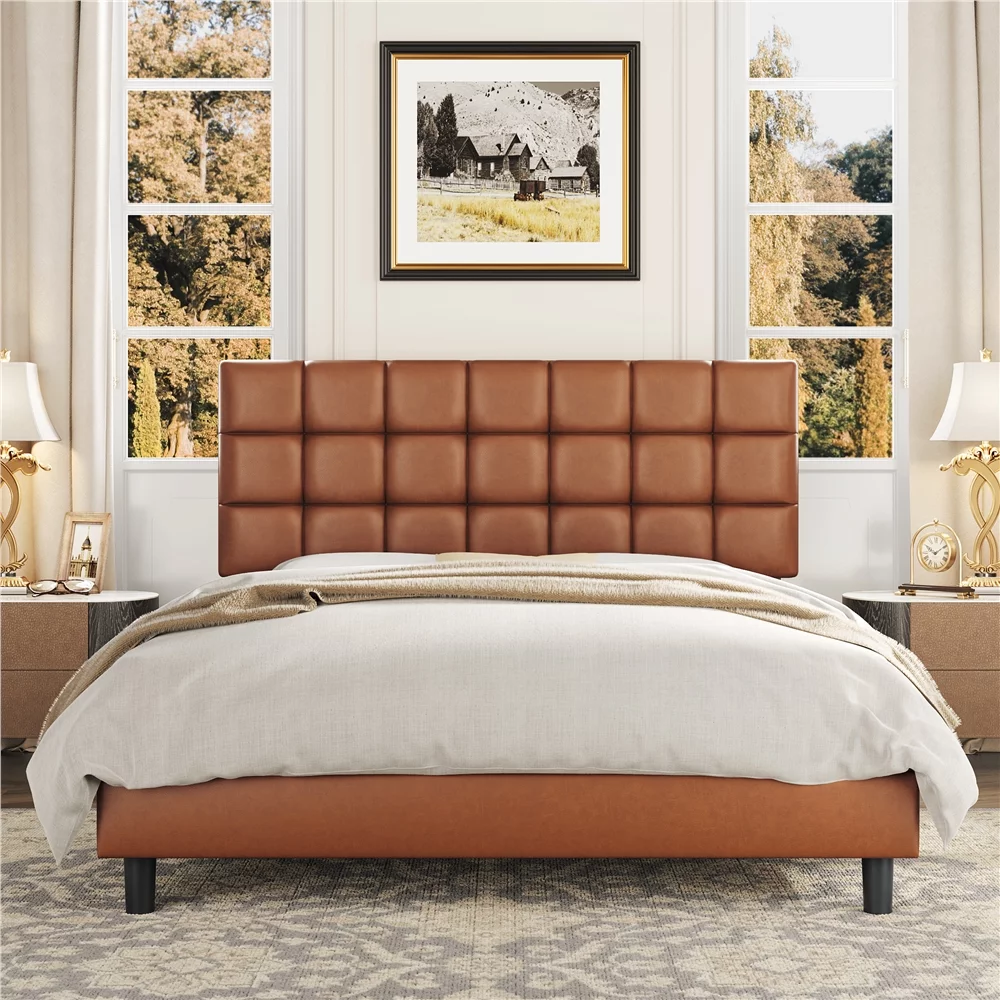 Yaheetech Modern Upholstered Platform Bed with Adjustable Tufted Headboard , Queen Size, Amber Brown