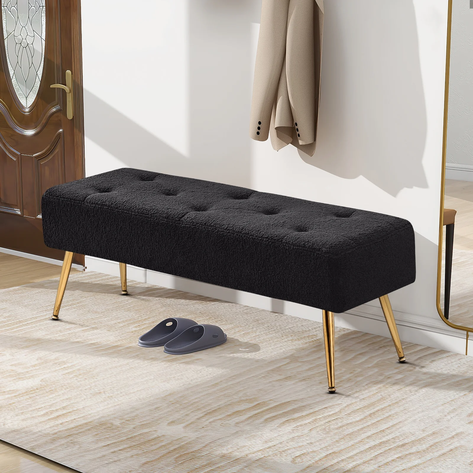 Furniliving Modern Entryway Bench Shoe Ottoman Bench Upholstered Bedroom Bench , Black