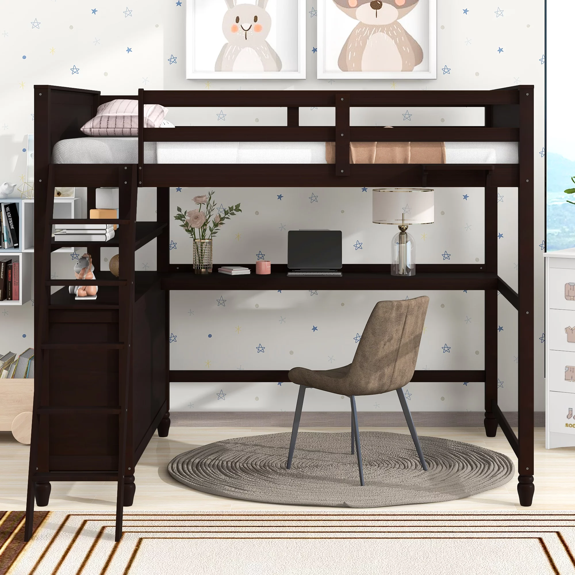 Loft Bed with Drawers and Desk, Loft Beds Full Size with Full-Length Safety Bed, Shelves for Kids, Teens, Adults Boys & Girls