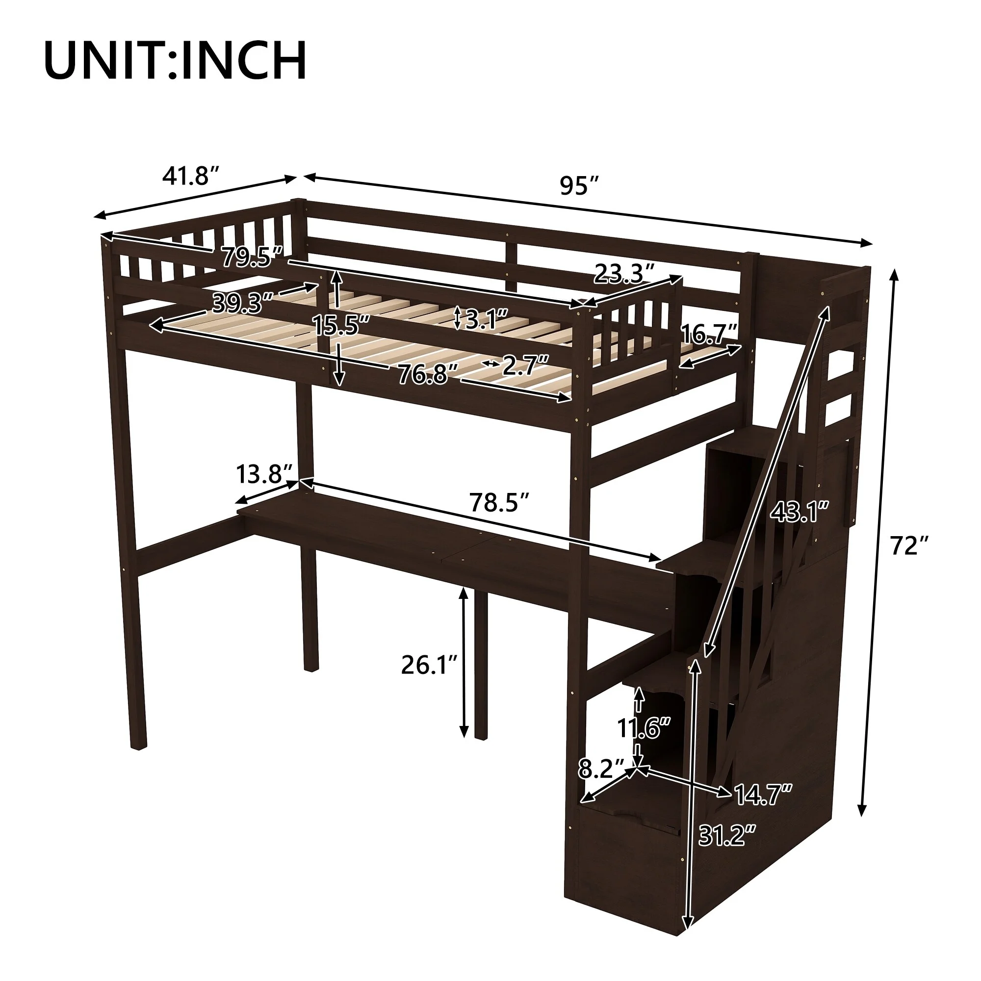 Nestfair  Twin Size Loft Bed with Storage Staircase and Built-in Desk Espresso