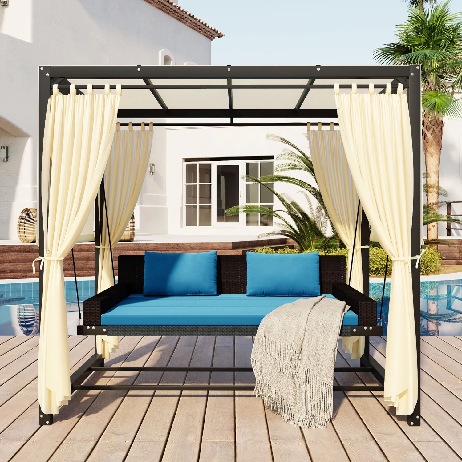 Holaki Outdoor Patio Swing Bed, 2-3 People Patio Wicker Sunbed with Adjustable Curtains,Suitable For Balconies, Gardens And Other Places, Blue