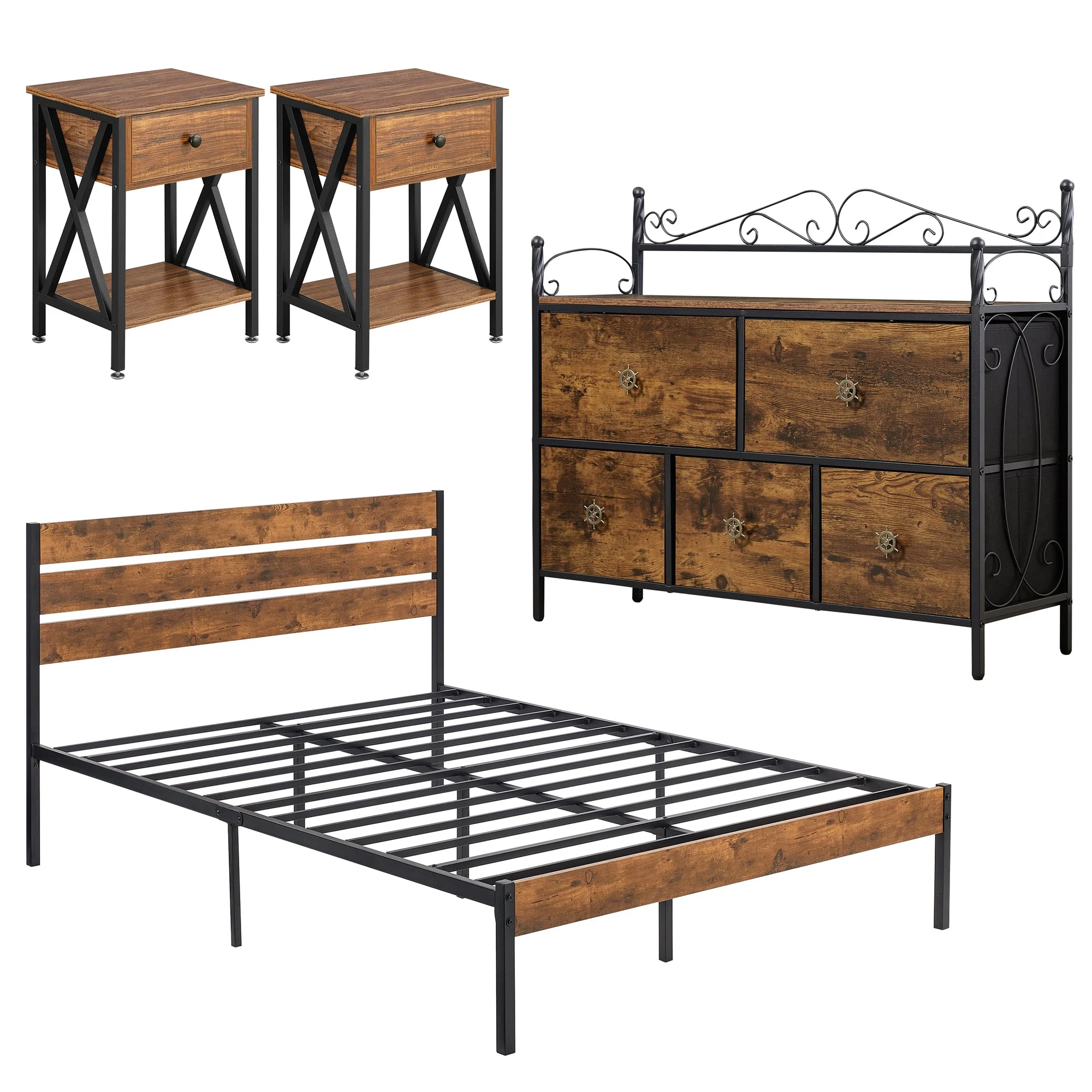 VECELO 4-Piece Bedroom Set Include Queen Size Bed Frame & Dresser & 2 Nightstand, Brown