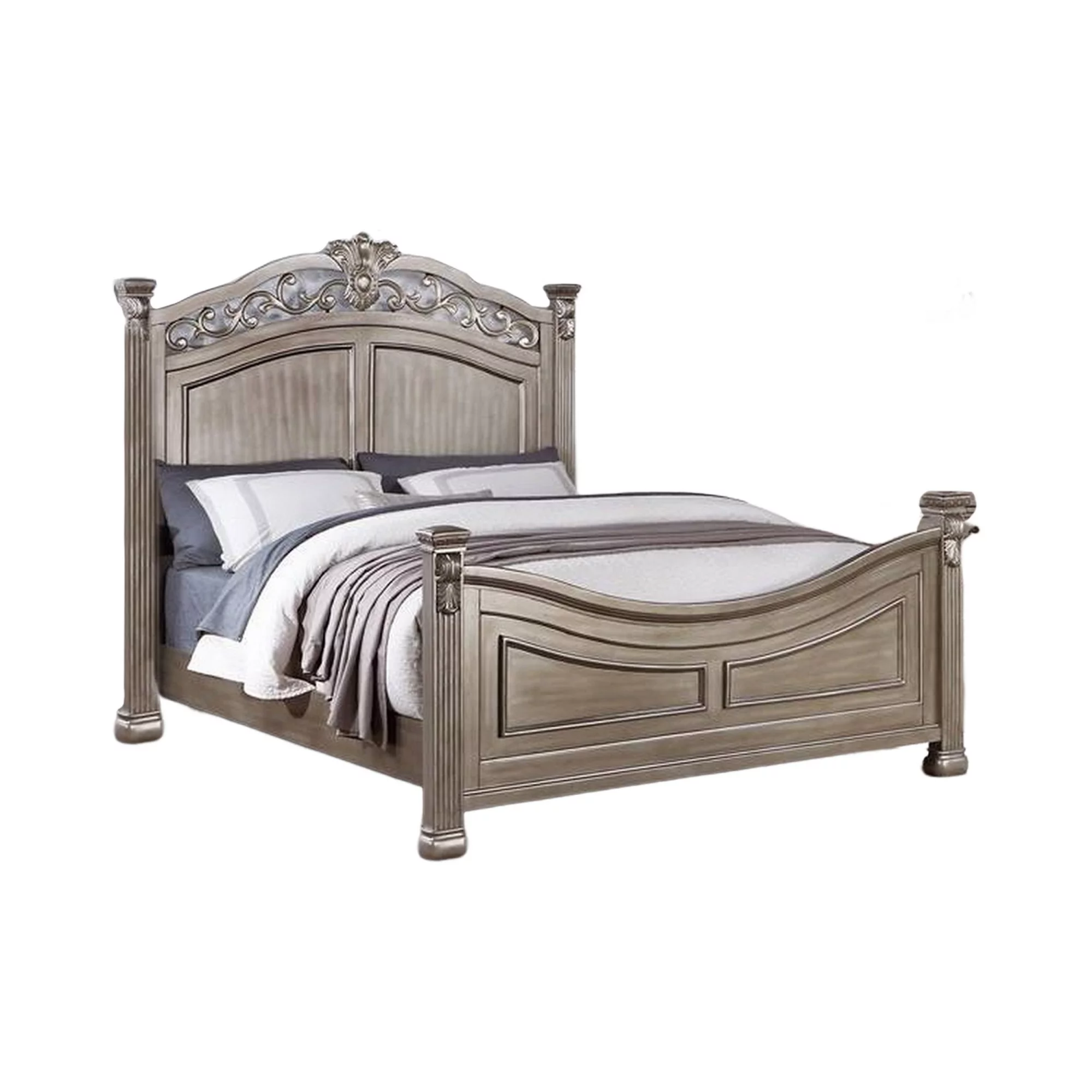 Benjara Aza Traditional Wood California King Bed, Leaf Carvings, Champagne Gold