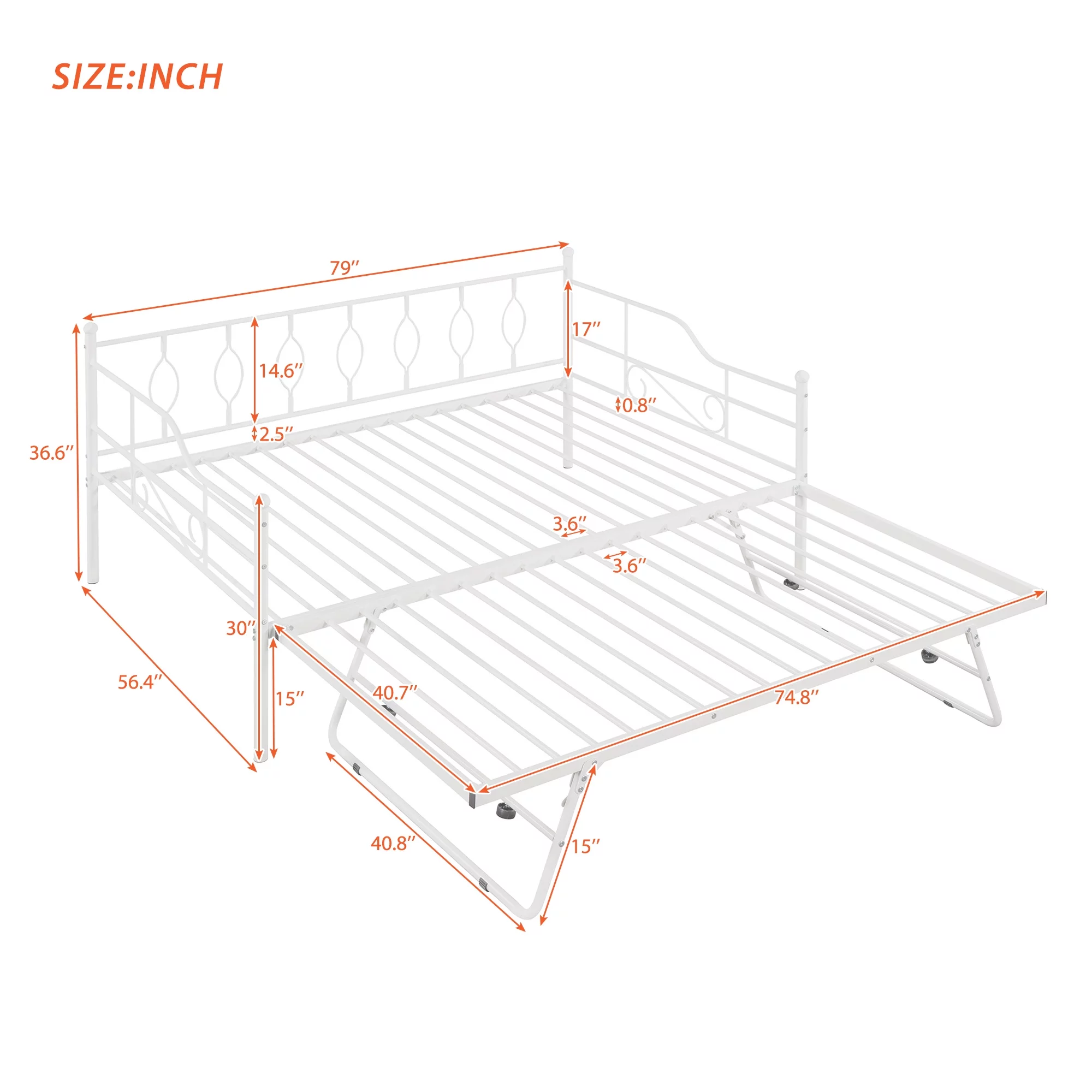 LANTRO JS Full Size Metal Daybed with Twin Size Adjustable Trundle, Portable Folding Trundle, White