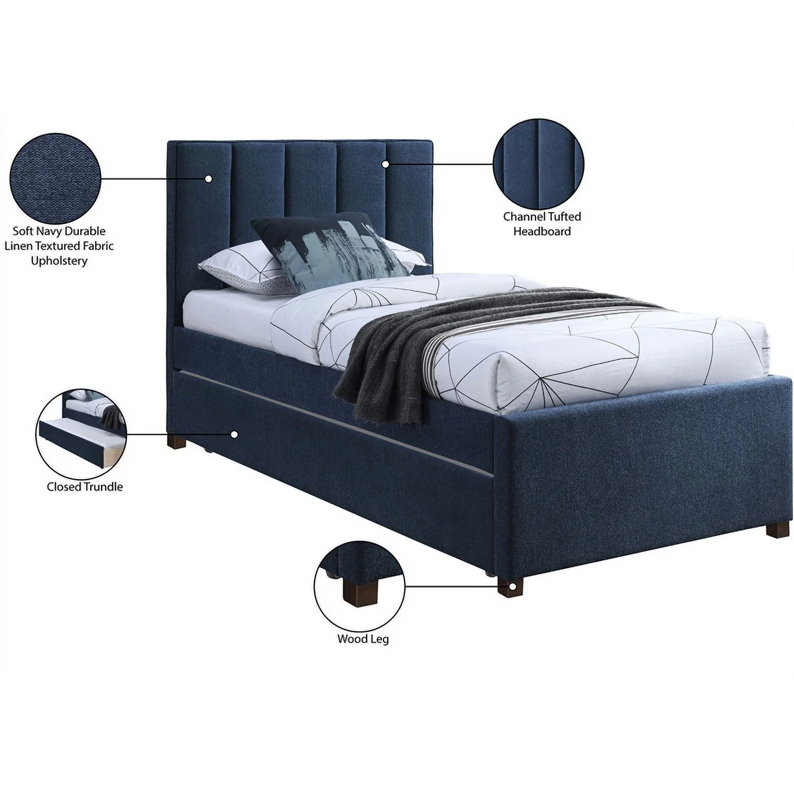 Meridian Furniture Harper Navy Linen Textured Fabric Twin Trundle Bed